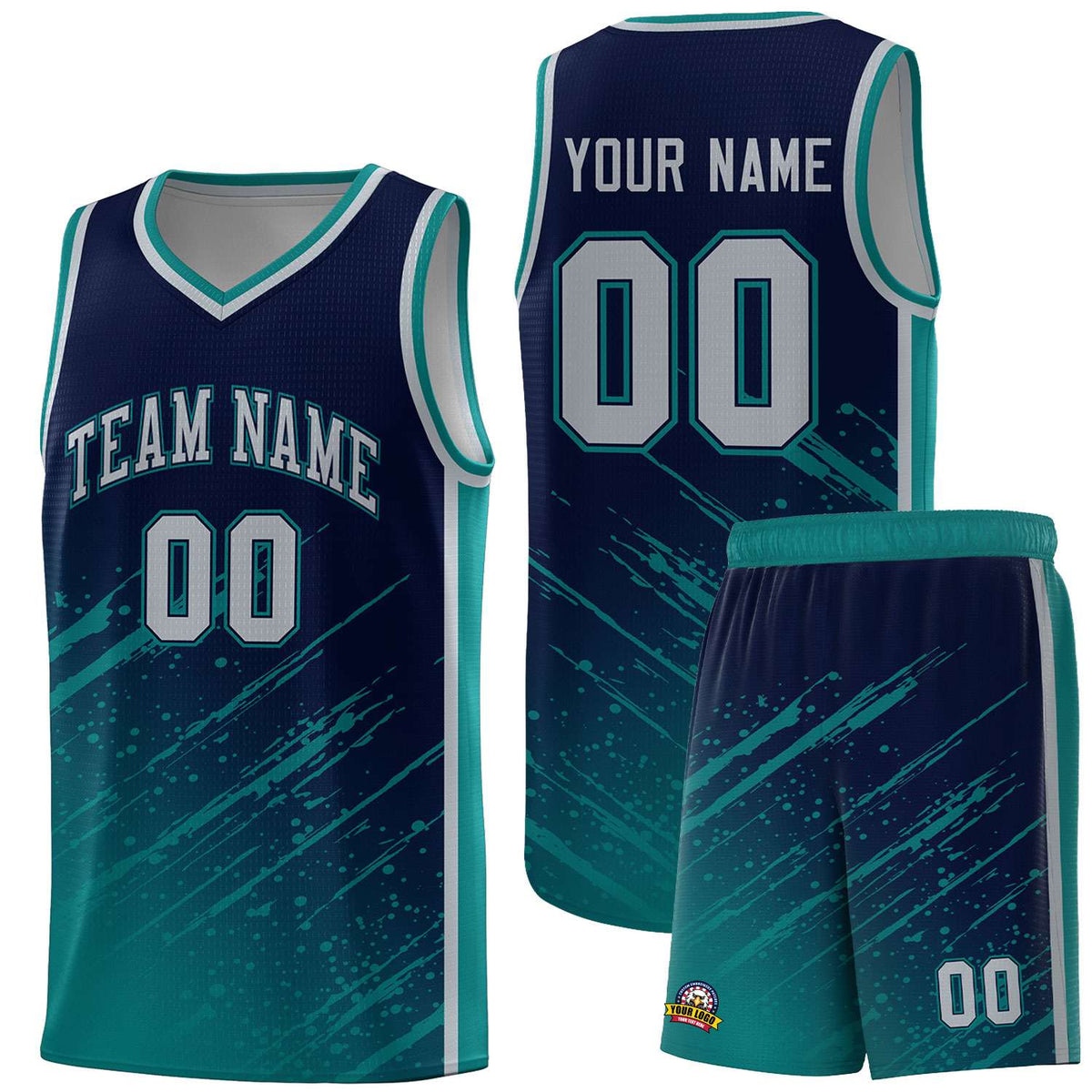 Custom Navy Basketball Kits With Aqua Paint Graffiti