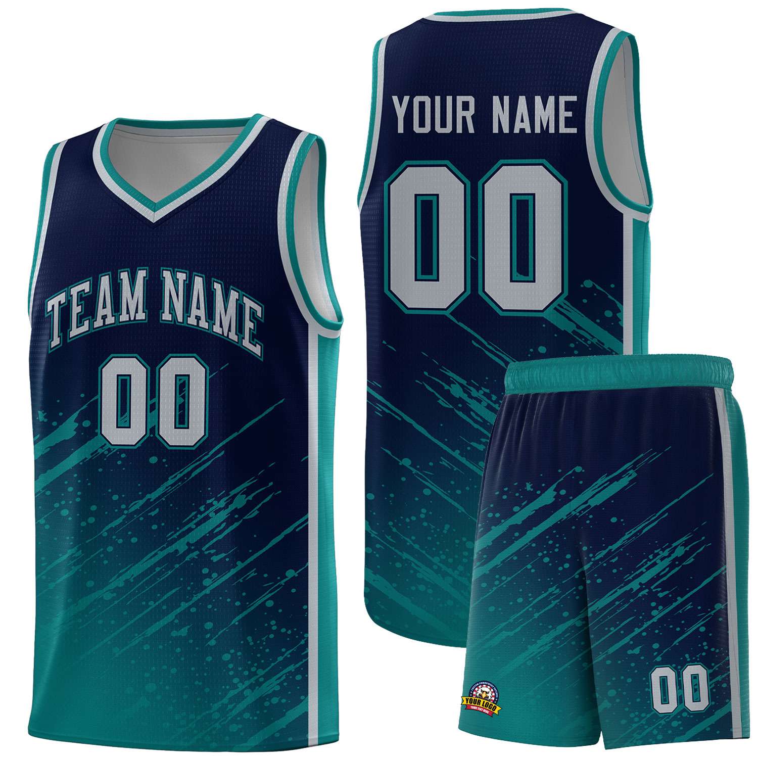 Custom Navy Basketball Kits With Aqua Paint Graffiti