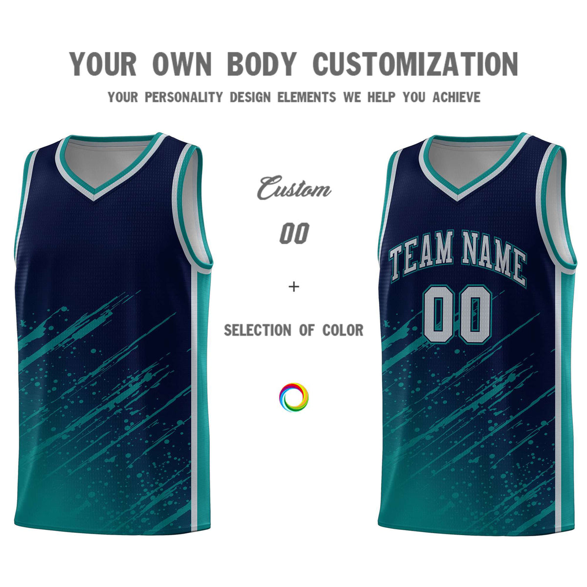 Custom Navy Basketball Kits With Aqua Paint Graffiti