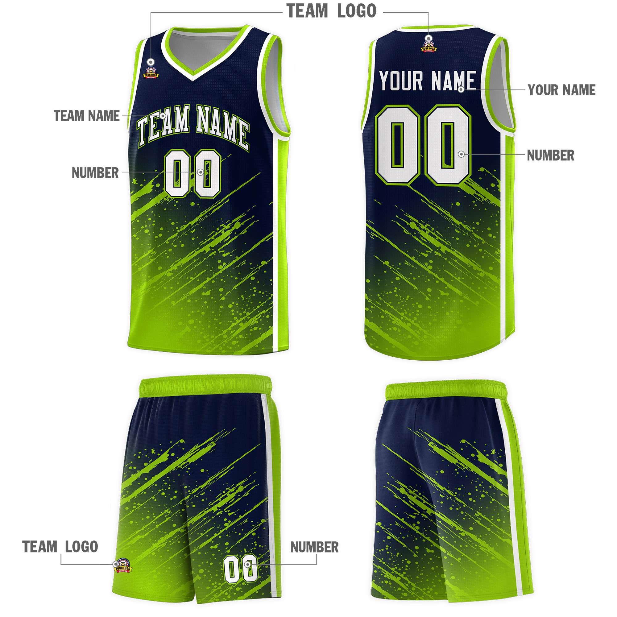 Custom Navy Basketball Kits With Neon Green Paint Graffiti