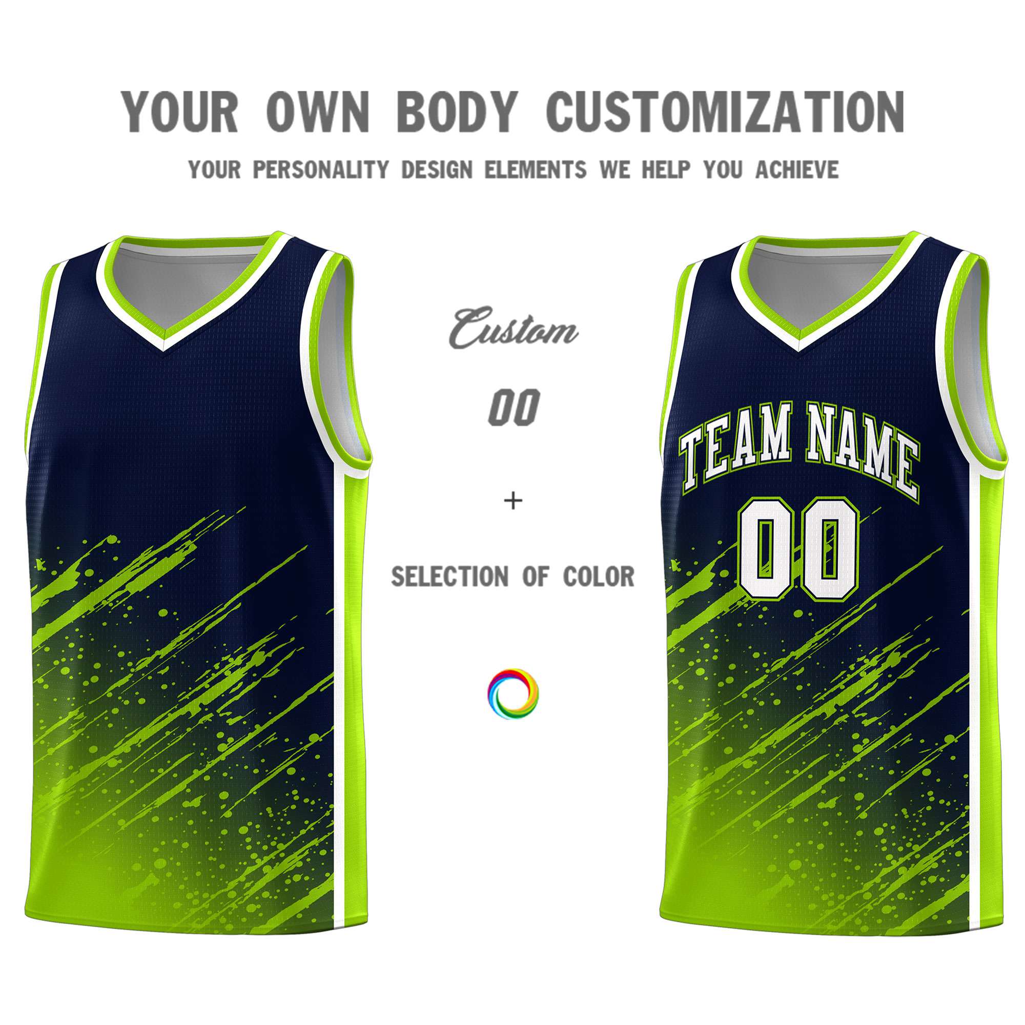 Custom Navy Basketball Kits With Neon Green Paint Graffiti
