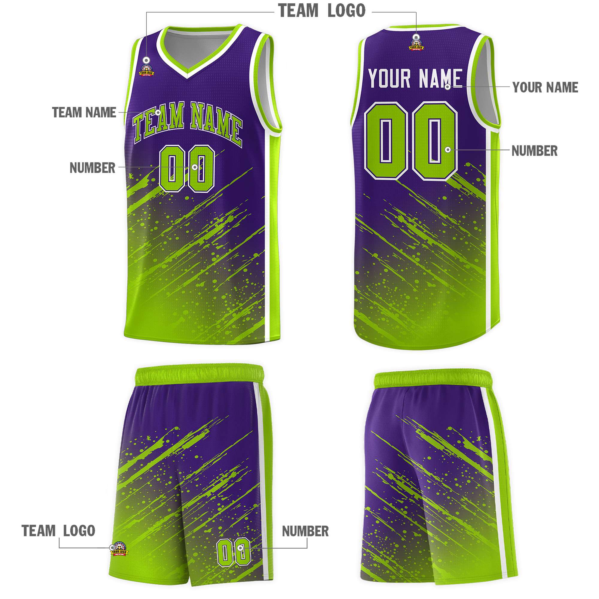 Custom Purple Basketball Kits With Neon Green Paint Graffiti