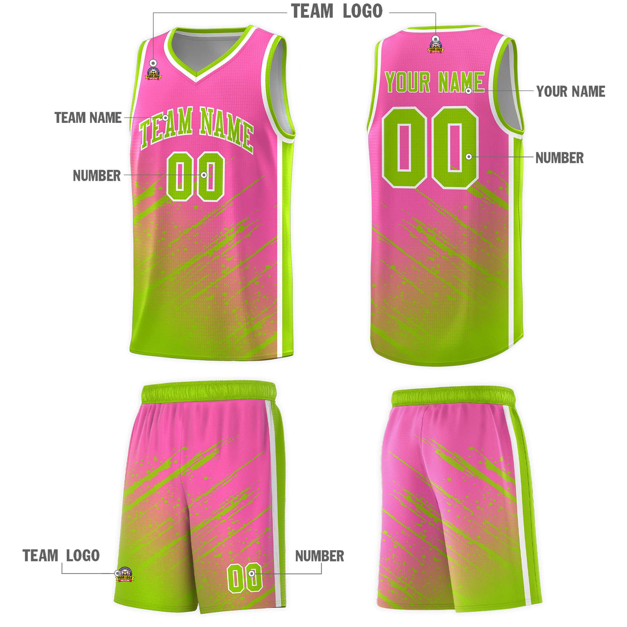 Custom Pink Basketball Kits With Neon Green Paint Graffiti