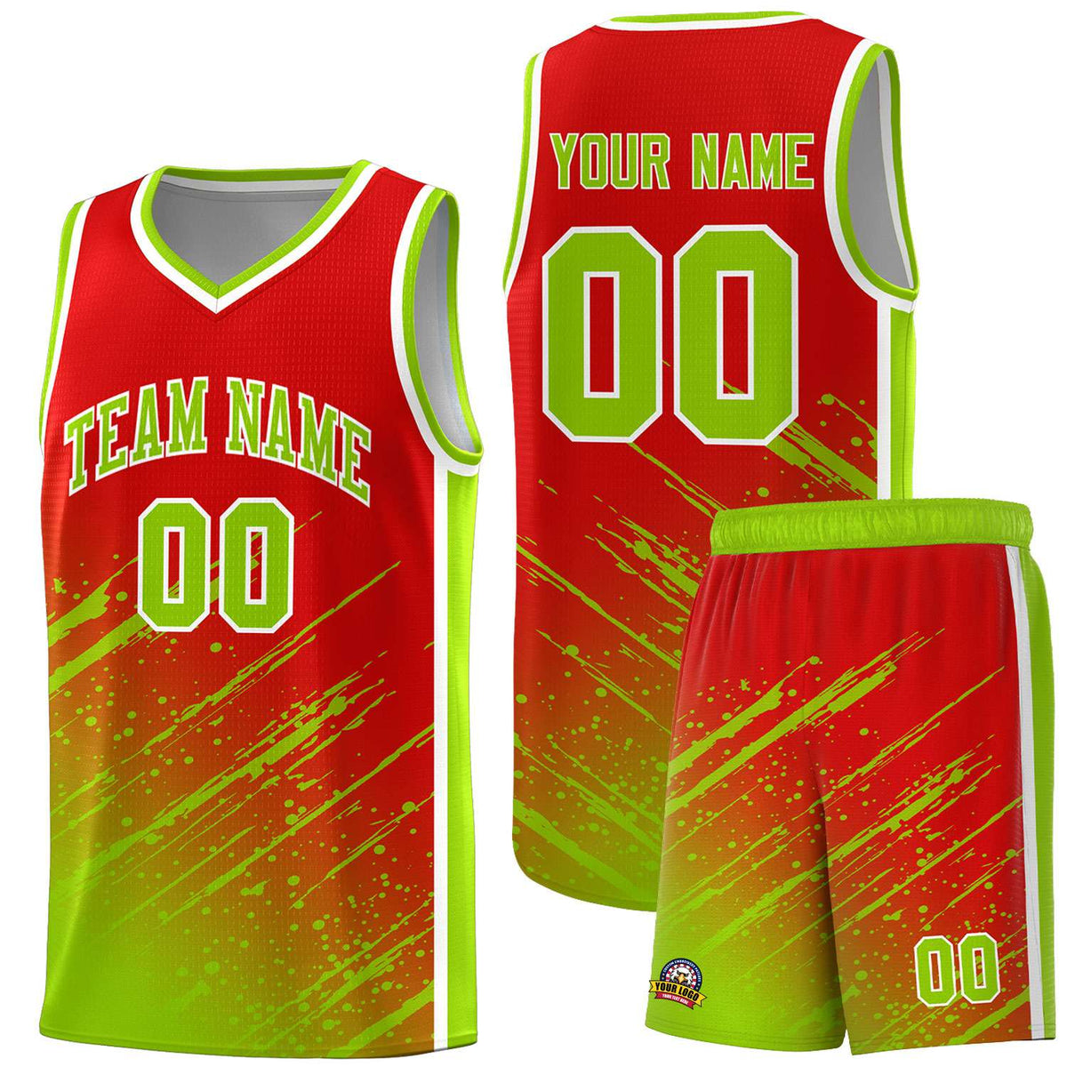 Custom Red Basketball Kits With Neon Green Paint Graffiti