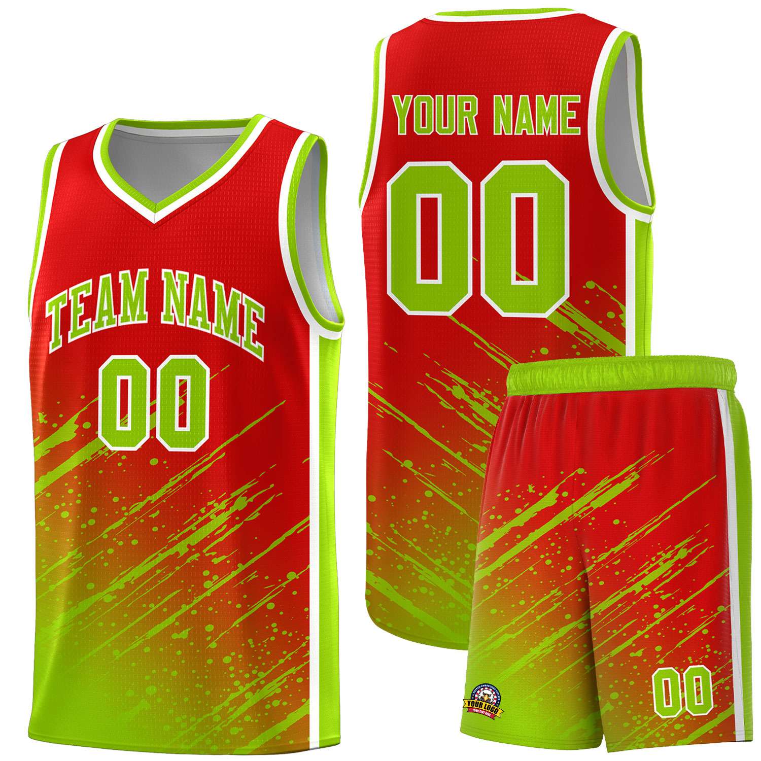 Custom Red Basketball Kits With Neon Green Paint Graffiti