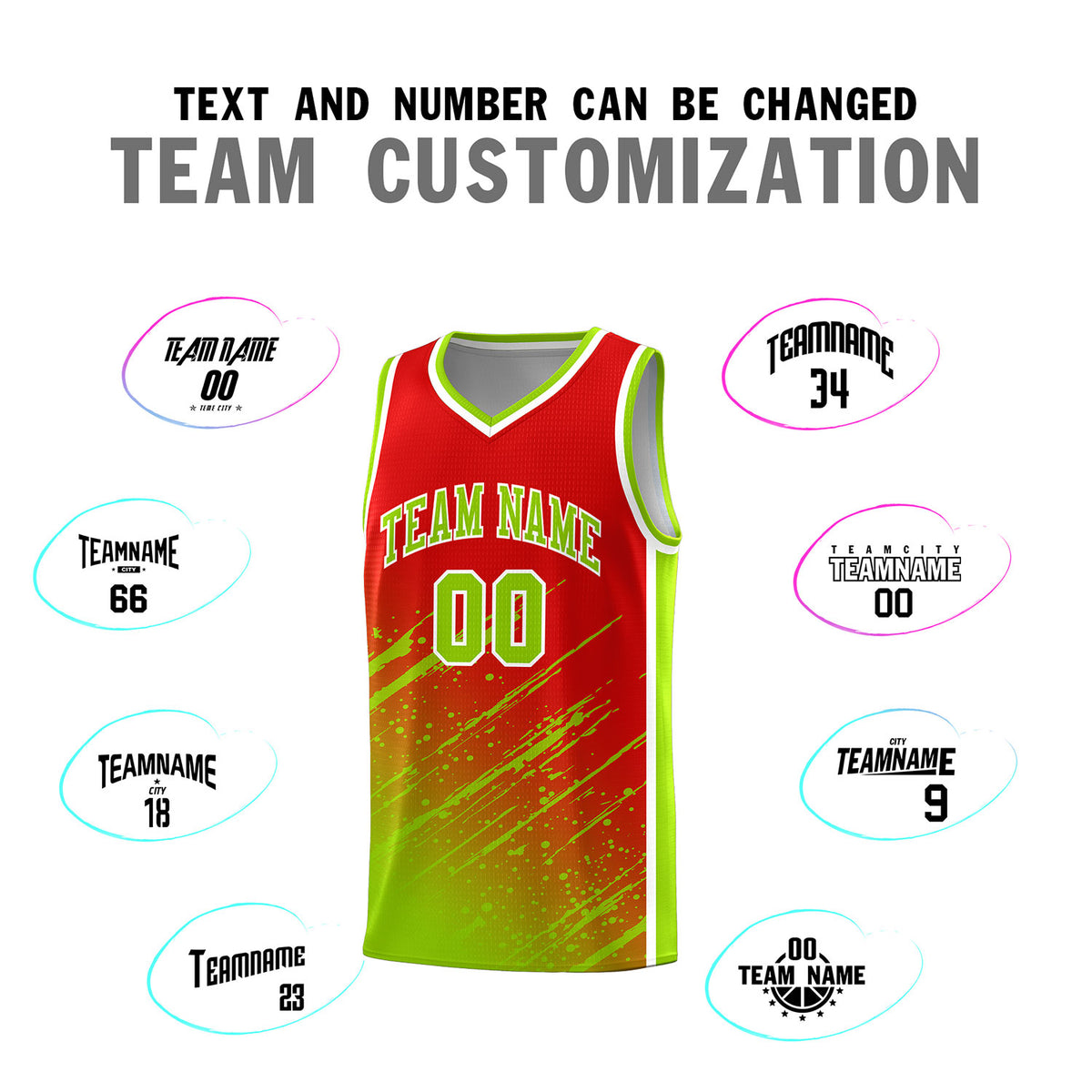 Custom Red Basketball Kits With Neon Green Paint Graffiti