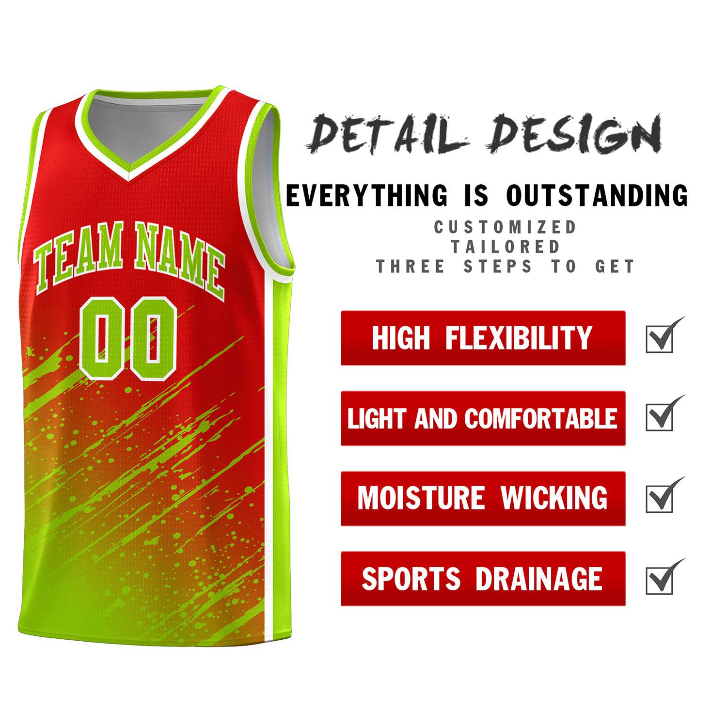 Custom Red Basketball Kits With Neon Green Paint Graffiti