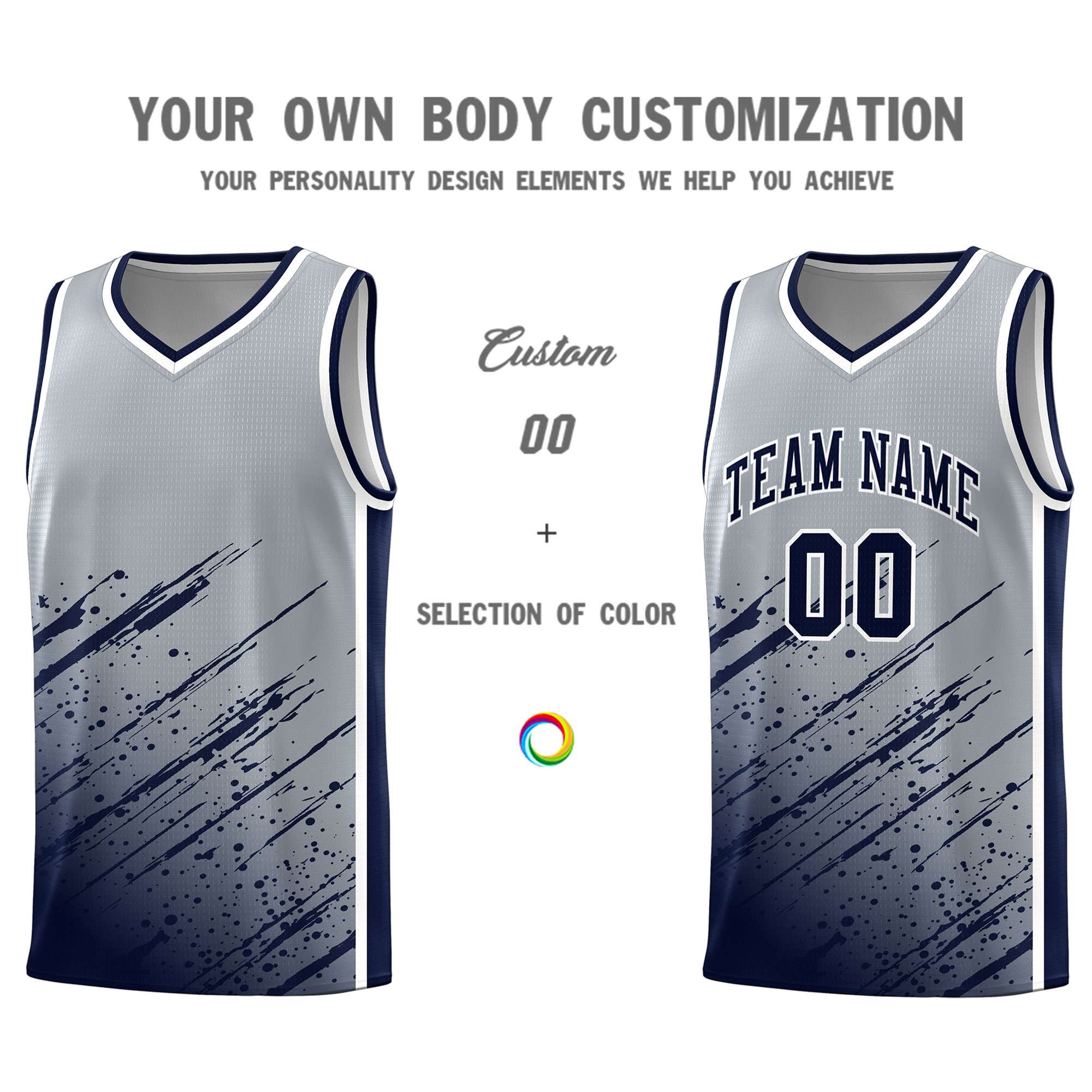 Custom Gray Basketball Kits With Navy Paint Graffiti