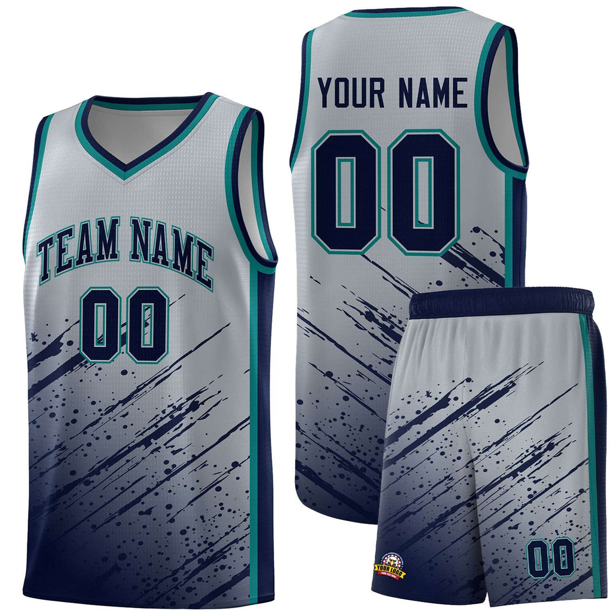 Custom Gray Basketball Kits With Navy Paint Graffiti