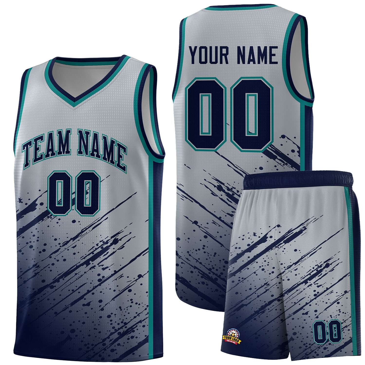 Custom Gray Basketball Kits With Navy Paint Graffiti
