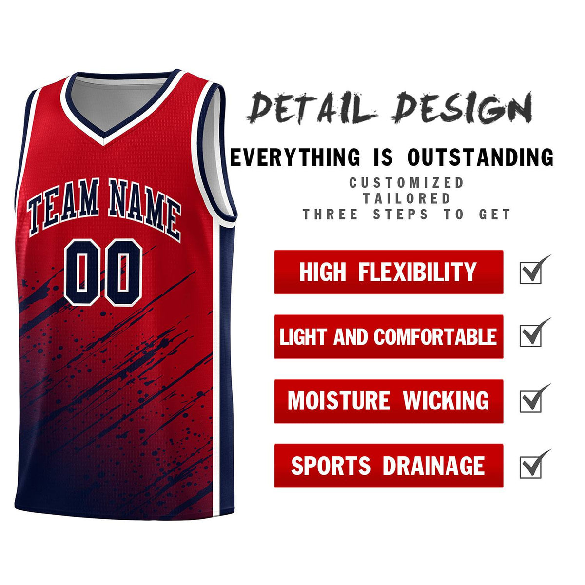 Custom Red Basketball Kits With Navy Paint Graffiti