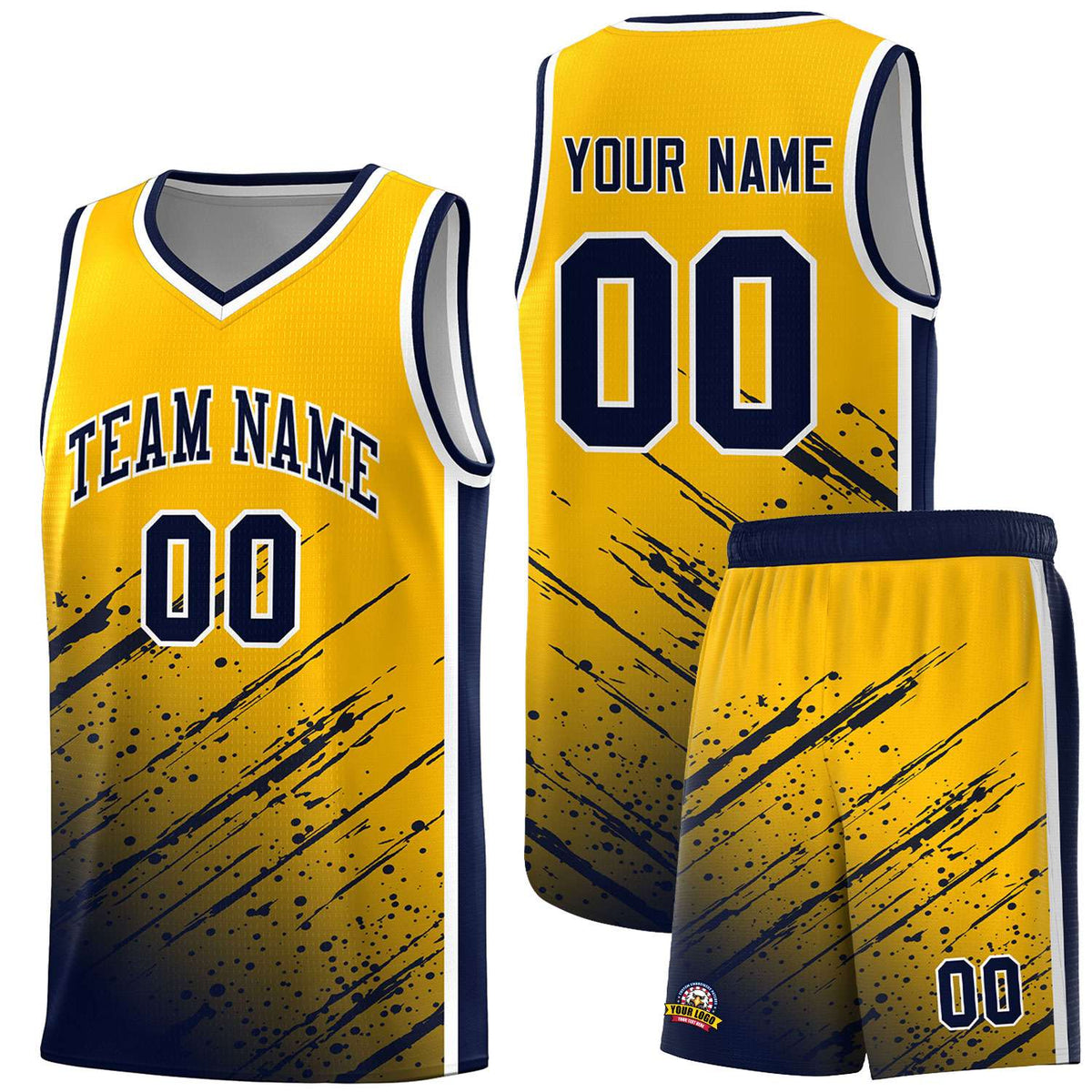 Custom Yellow Basketball Kits With Navy Paint Graffiti