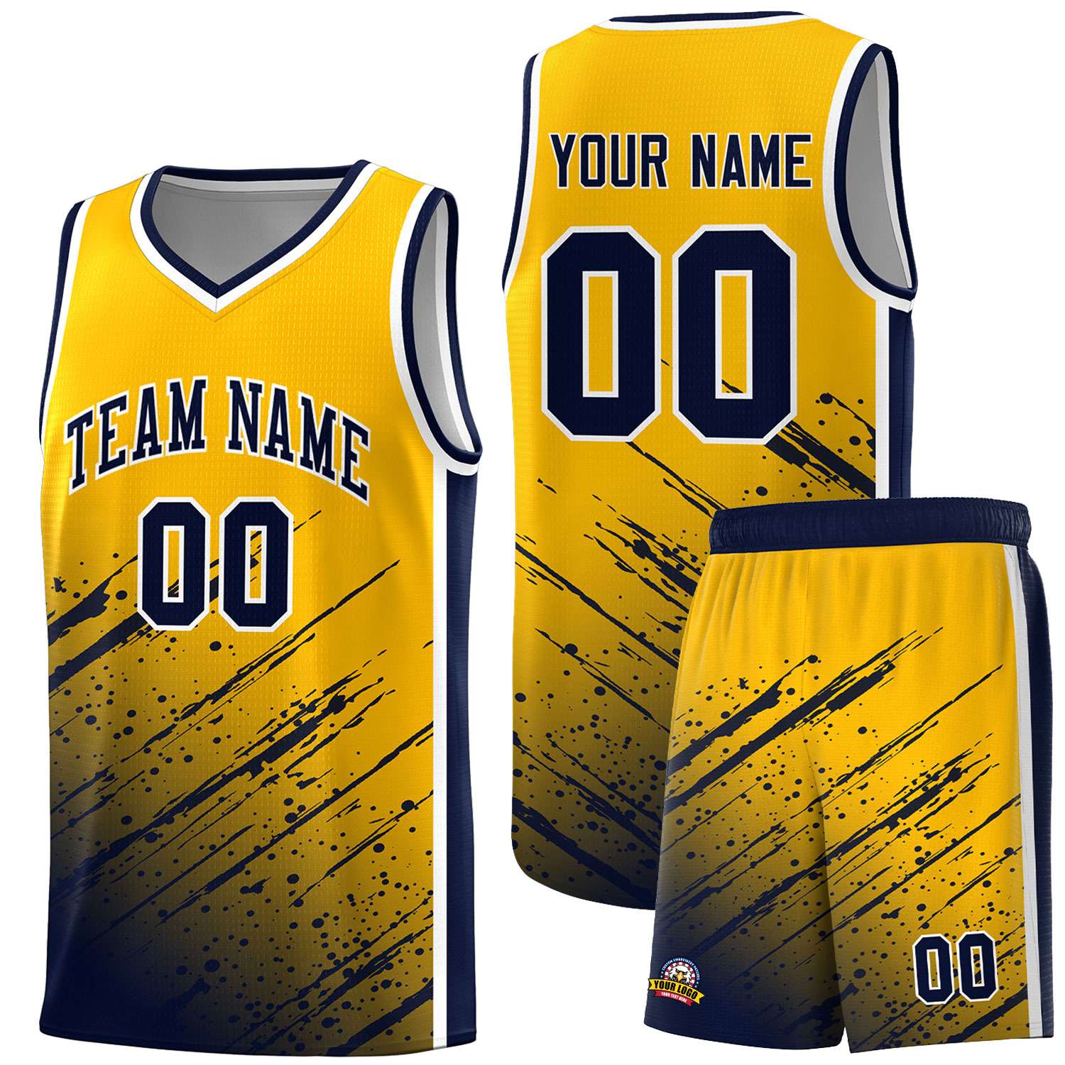 Custom Yellow Basketball Kits With Navy Paint Graffiti