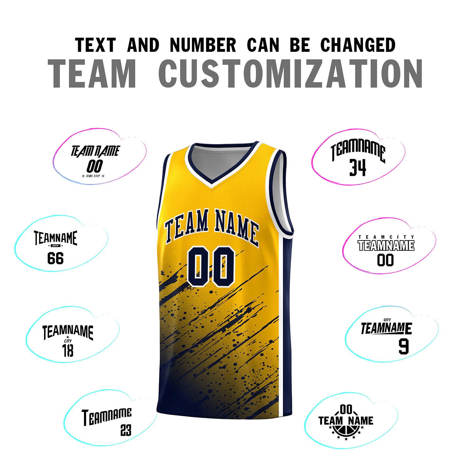 Custom Yellow Basketball Kits With Navy Paint Graffiti