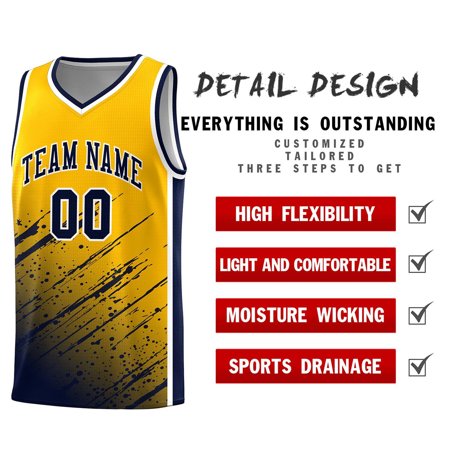 Custom Yellow Basketball Kits With Navy Paint Graffiti