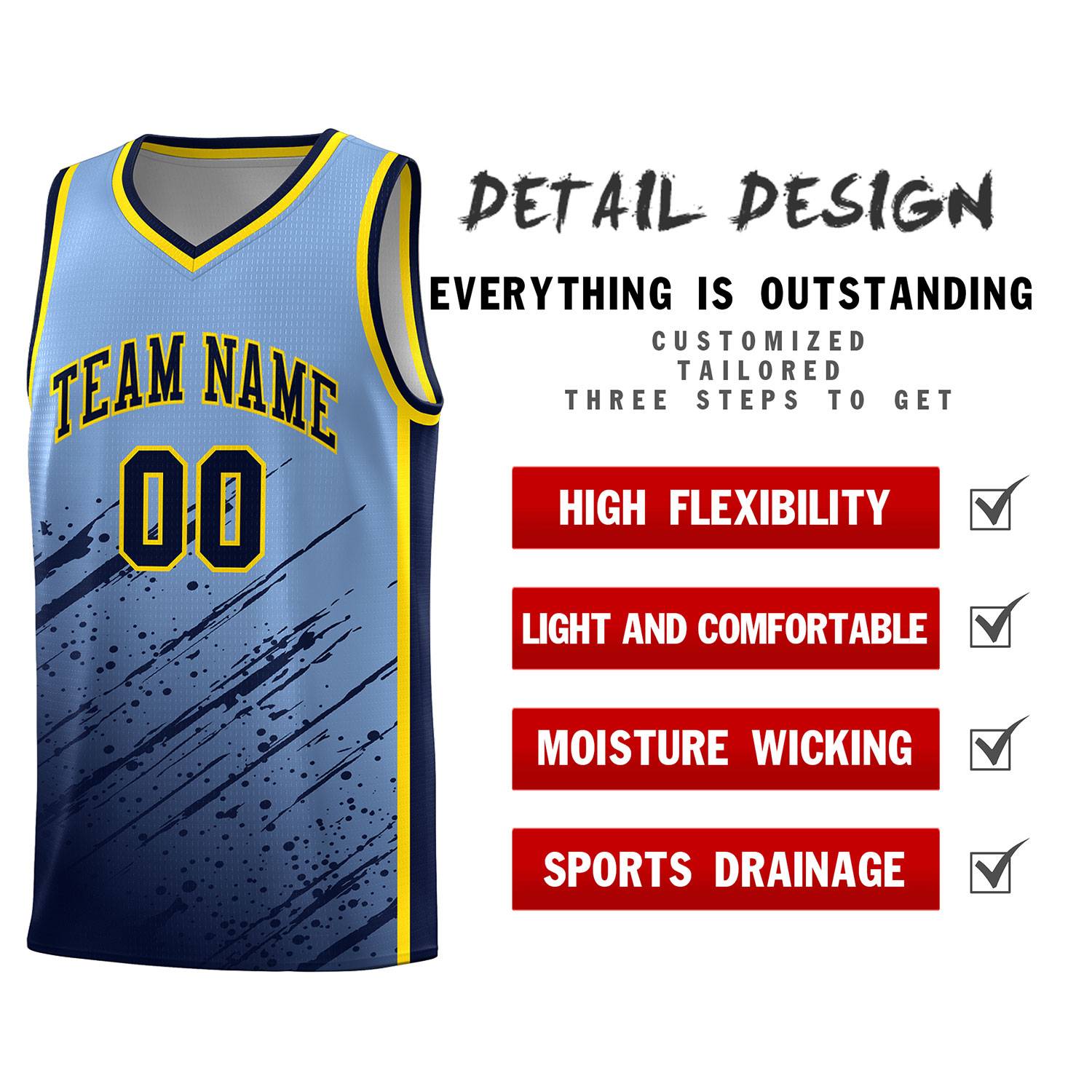 Custom Light Blue Basketball Kits With Navy Paint Graffiti