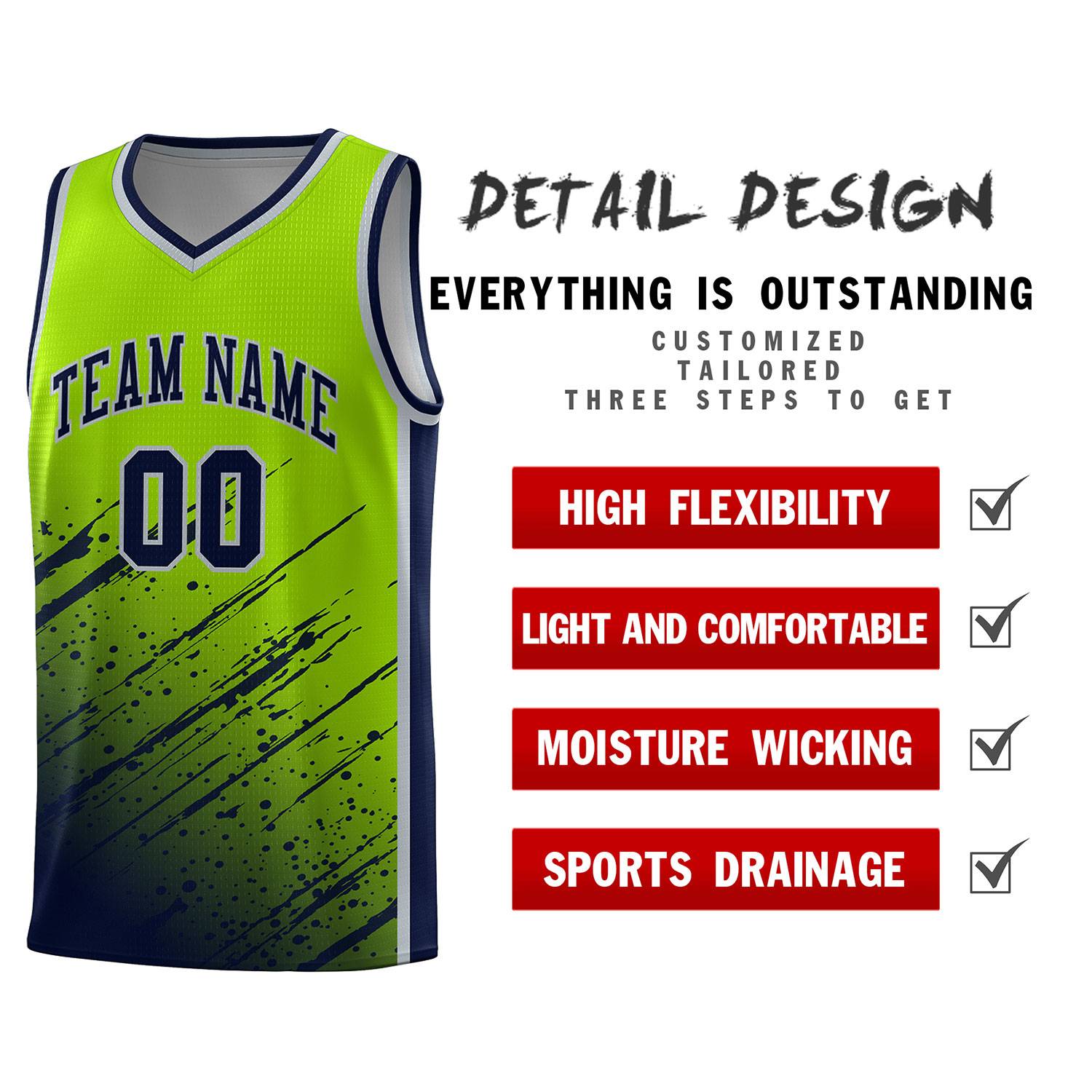 Custom Neon Green Basketball Kits With Navy Paint Graffiti