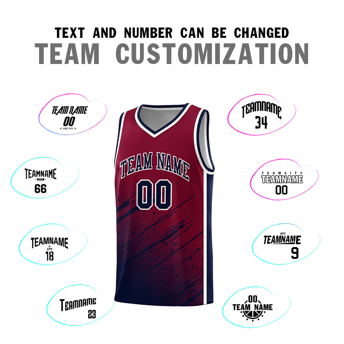 Custom Crimson Basketball Kits With Navy Paint Graffiti