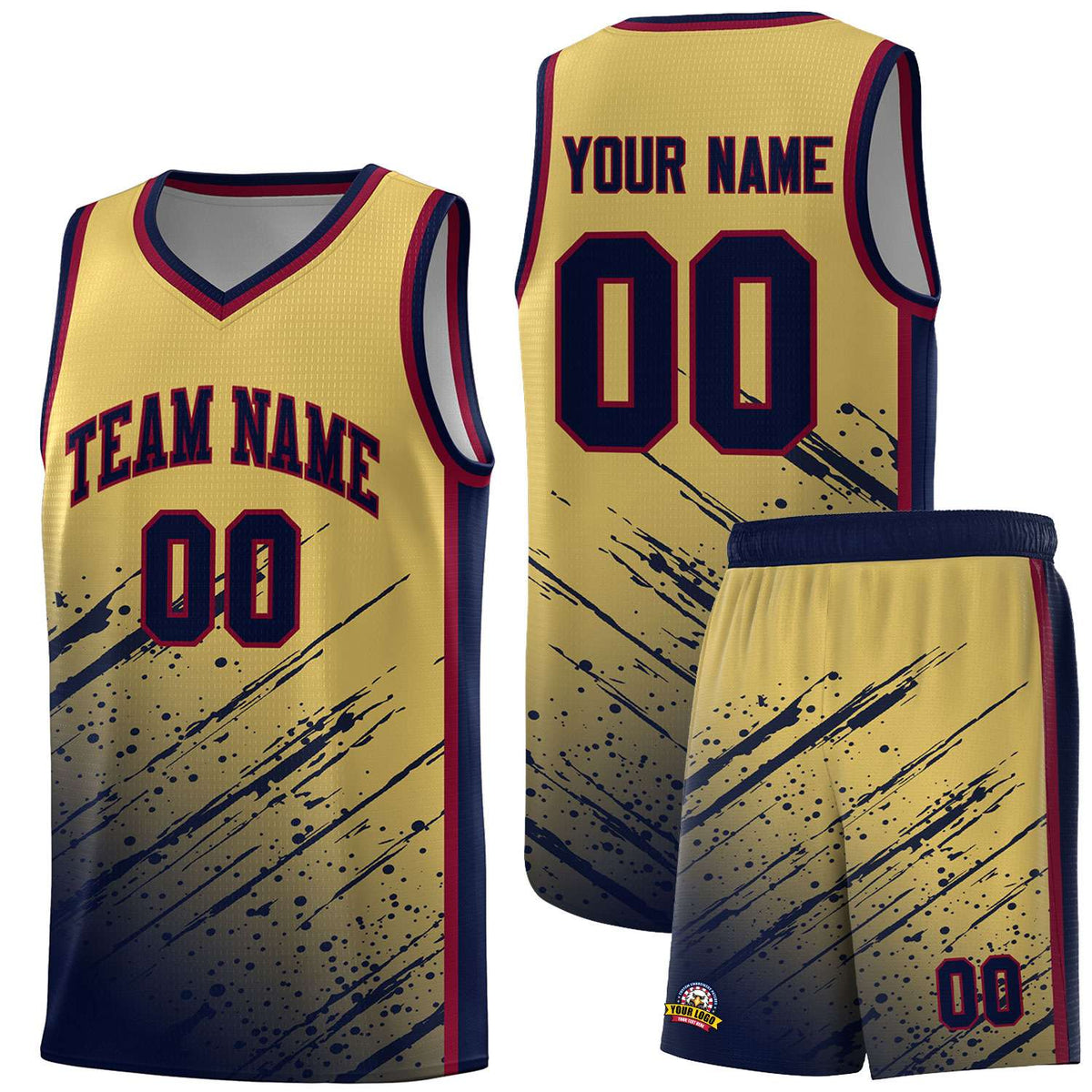 Custom Khaki Basketball Kits With Navy Paint Graffiti