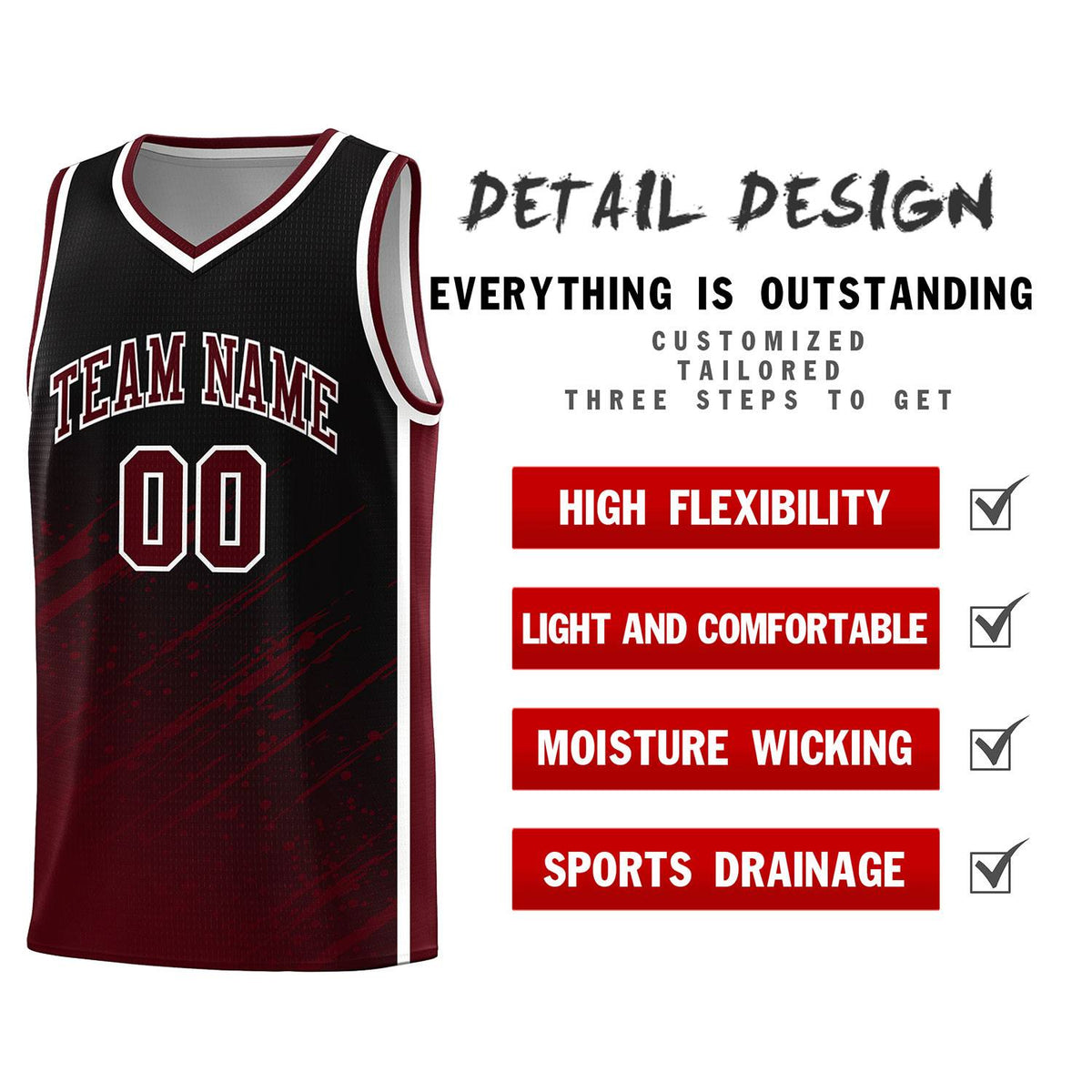Custom Black Basketball Kits With Crimson Paint Graffiti