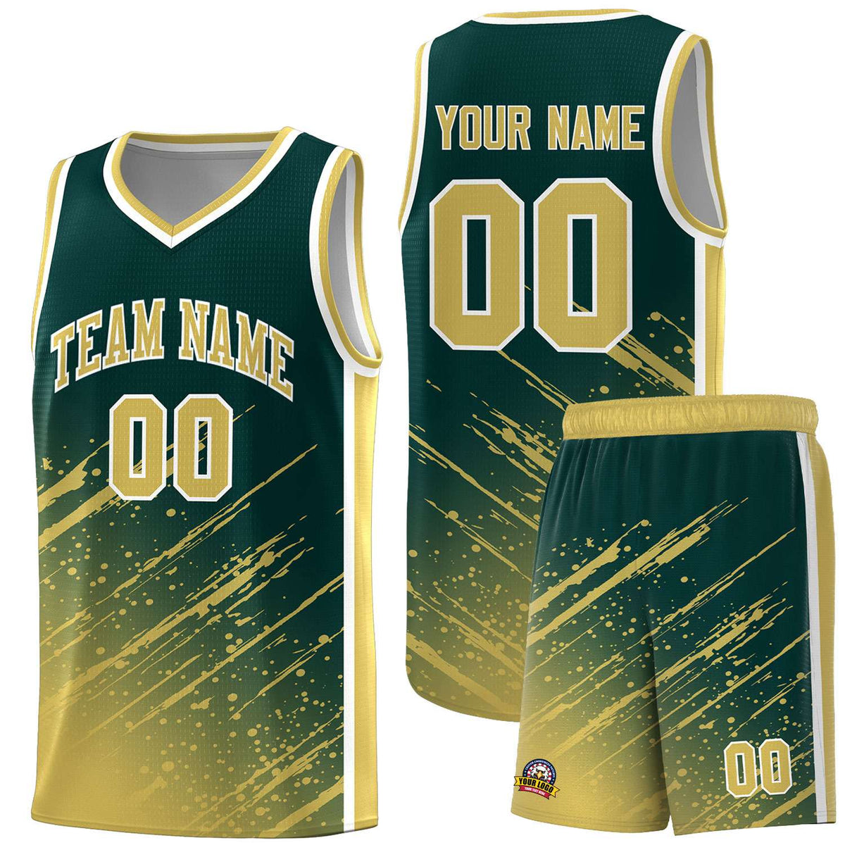 Custom Midnight Green Basketball Kits With Khaki Paint Graffiti