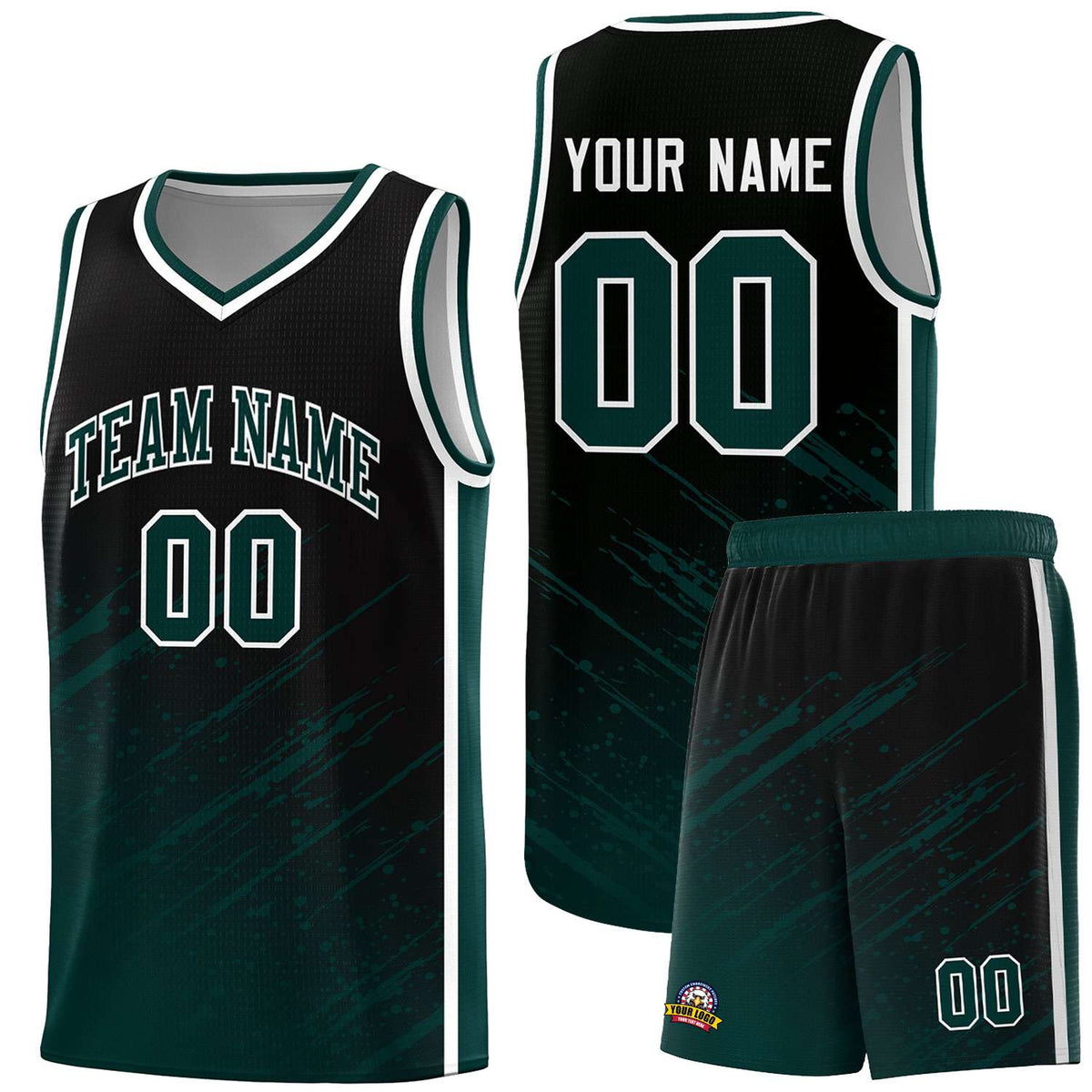 Custom Black Basketball Kits With Midnight Green Paint Graffiti