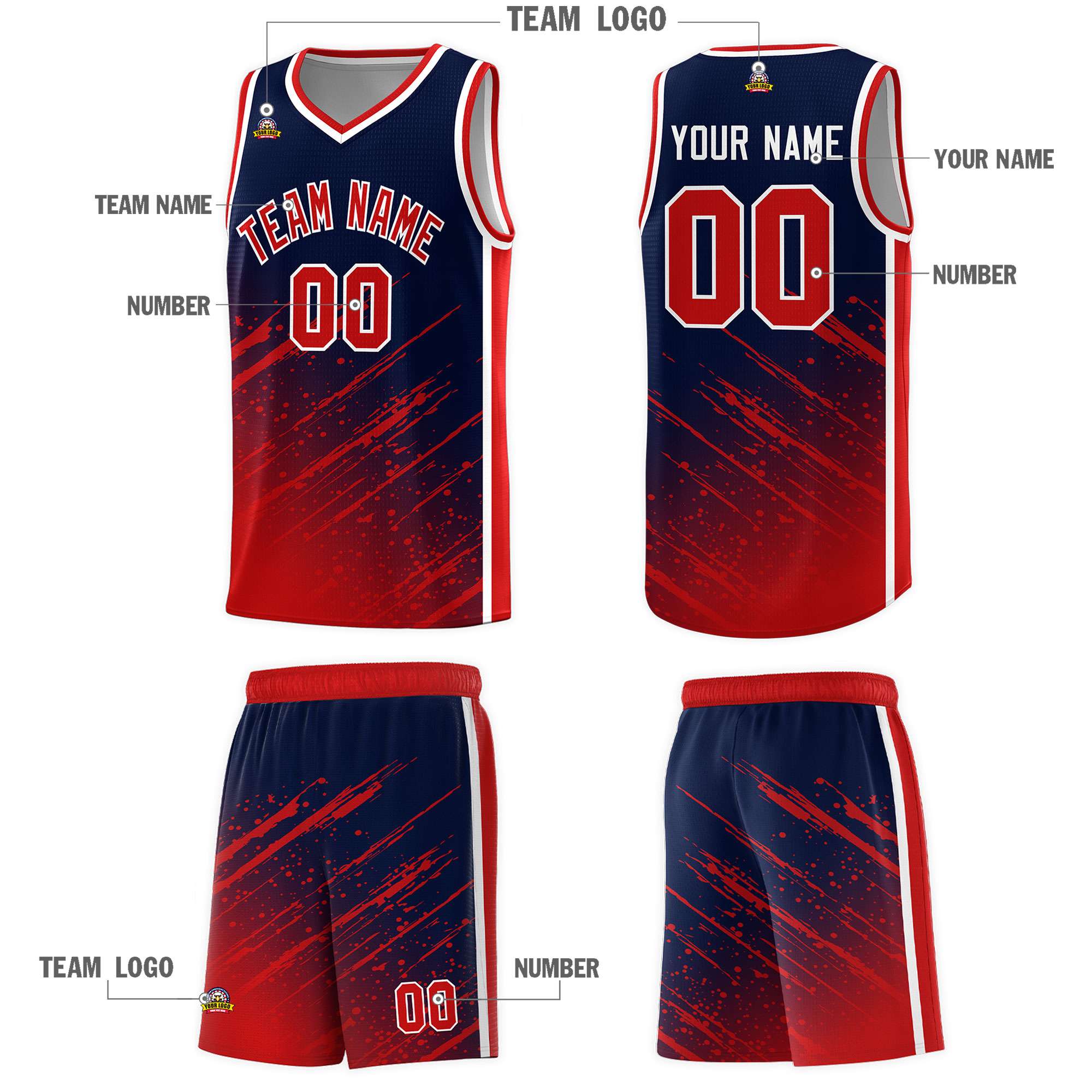 Custom Navy Basketball Kits With Red Paint Graffiti