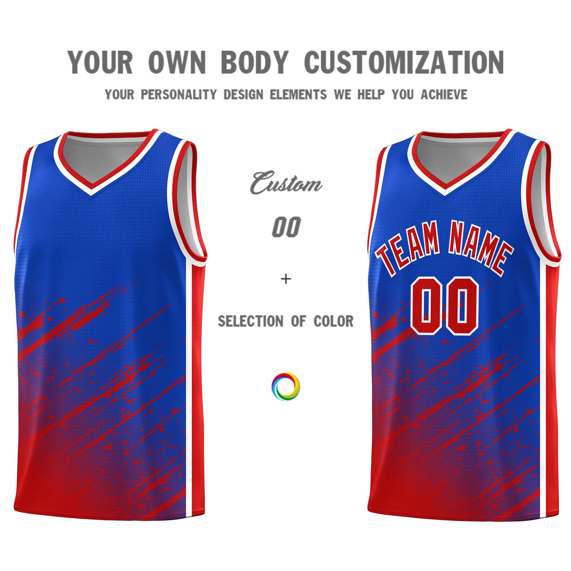 Custom Royal Basketball Kits With Red Paint Graffiti