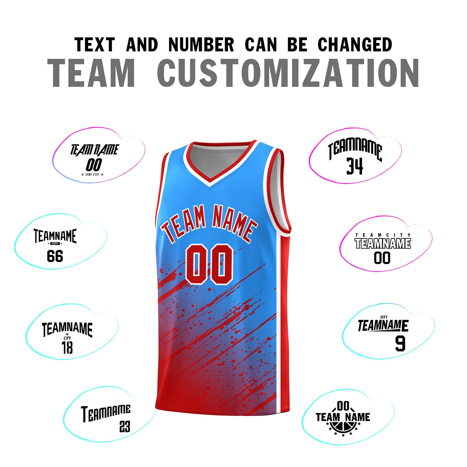 Custom Powder Blue Basketball Kits With Red Paint Graffiti