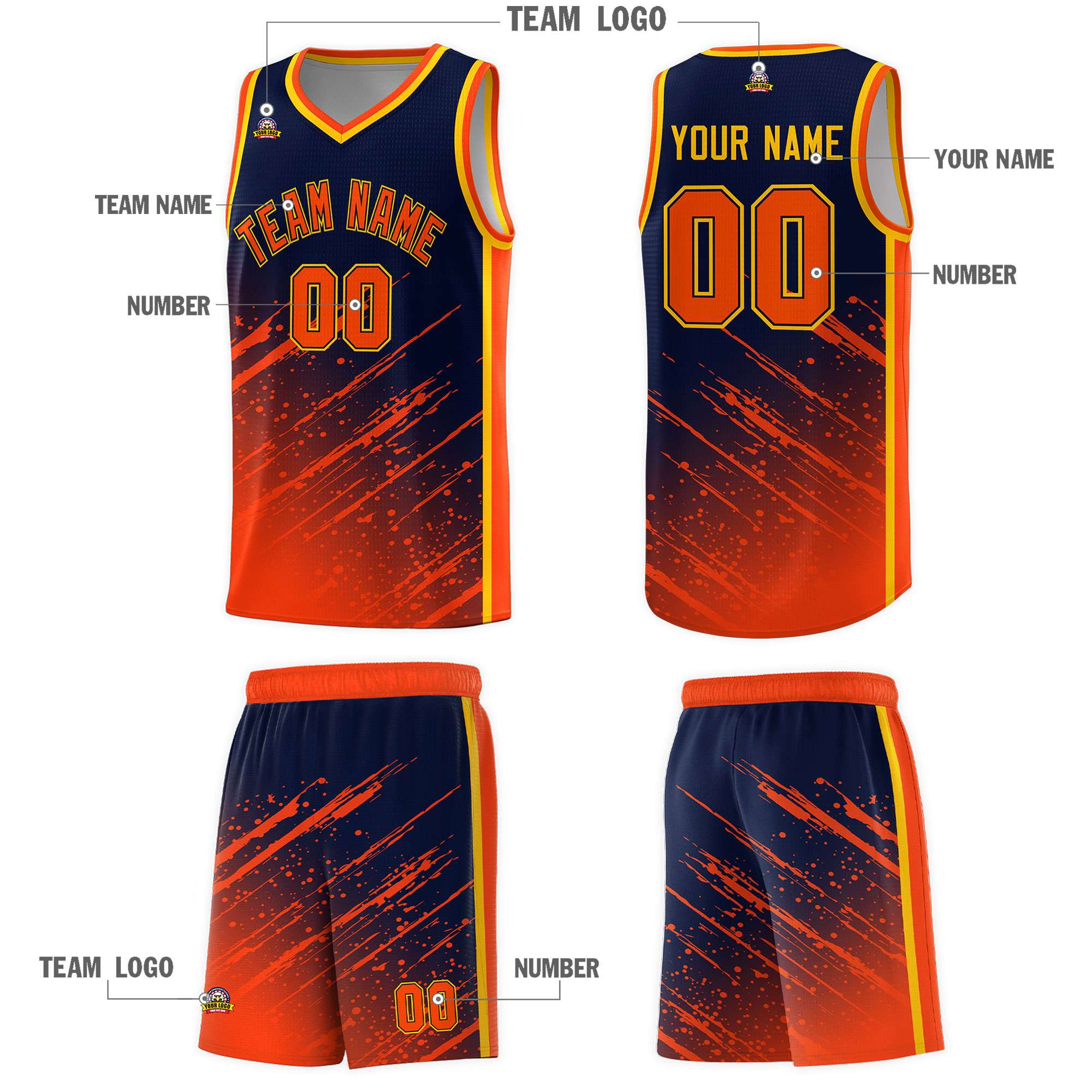 Custom Navy Basketball Kits With Orange Paint Graffiti
