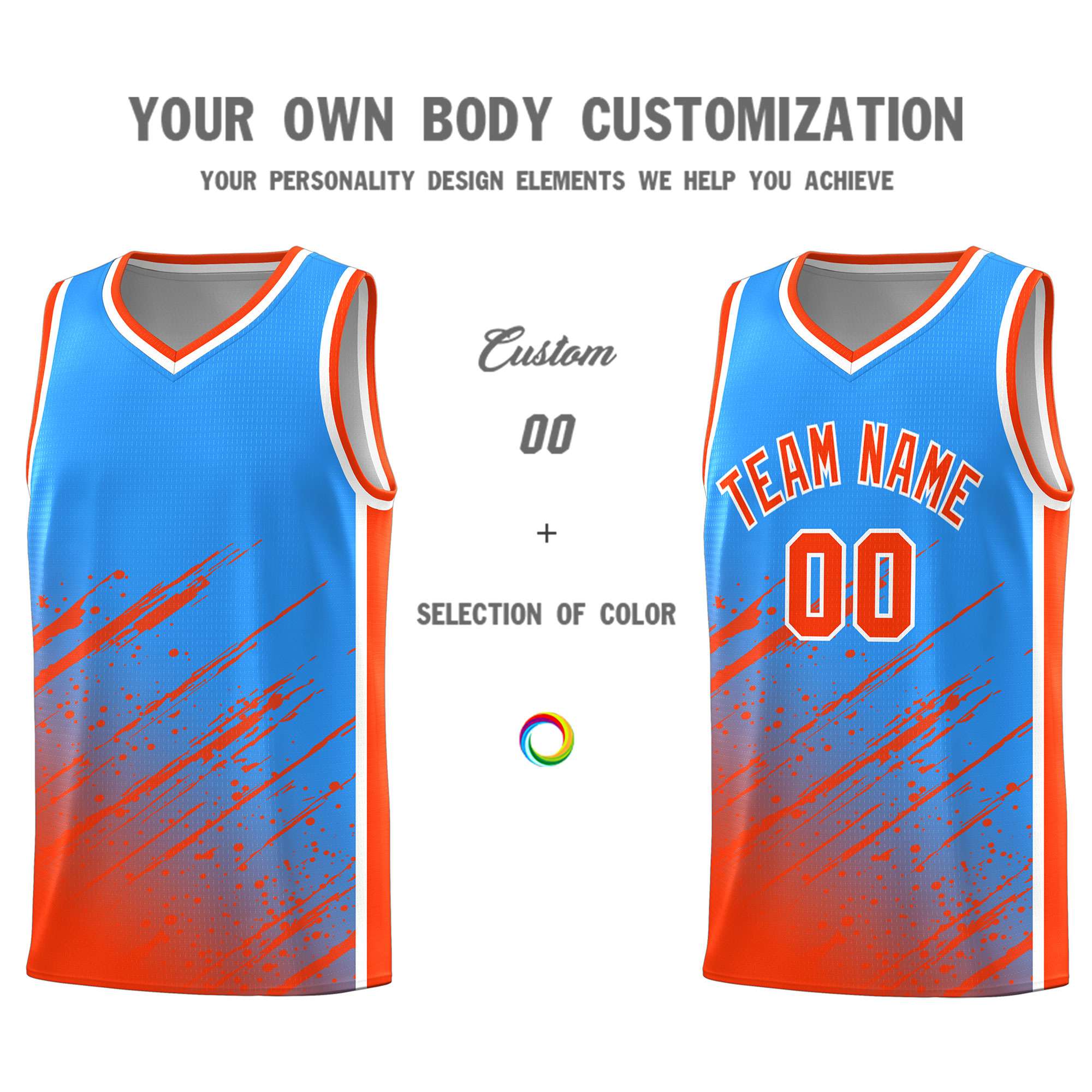 Custom Powder Blue Basketball Kits With Orange Paint Graffiti