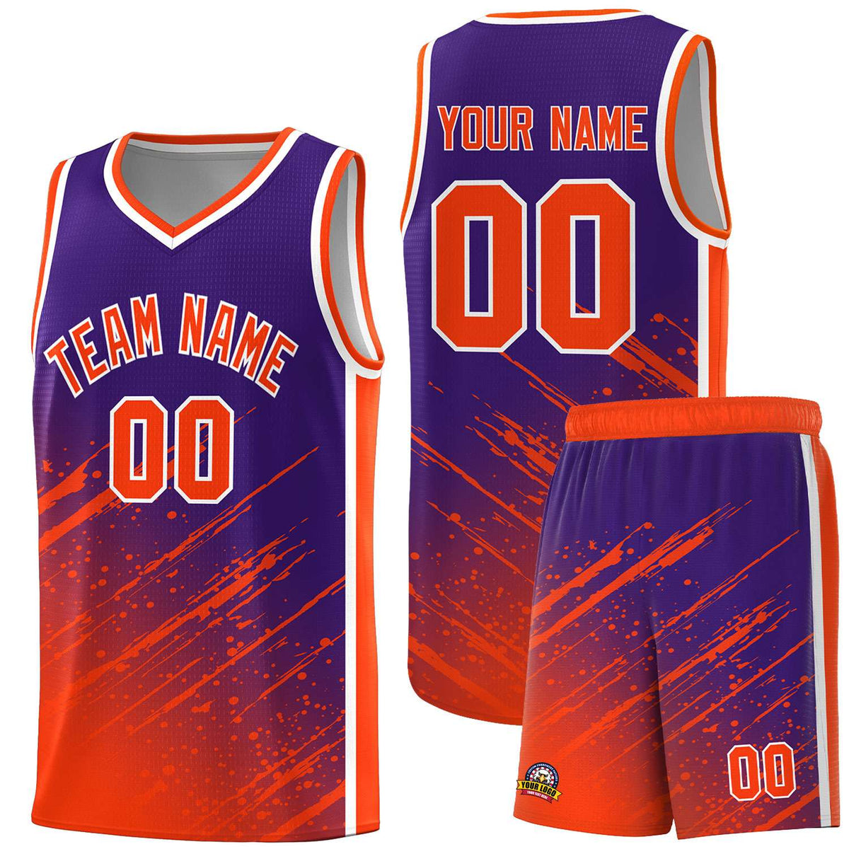 Custom Purple Basketball Kits With Orange Paint Graffiti