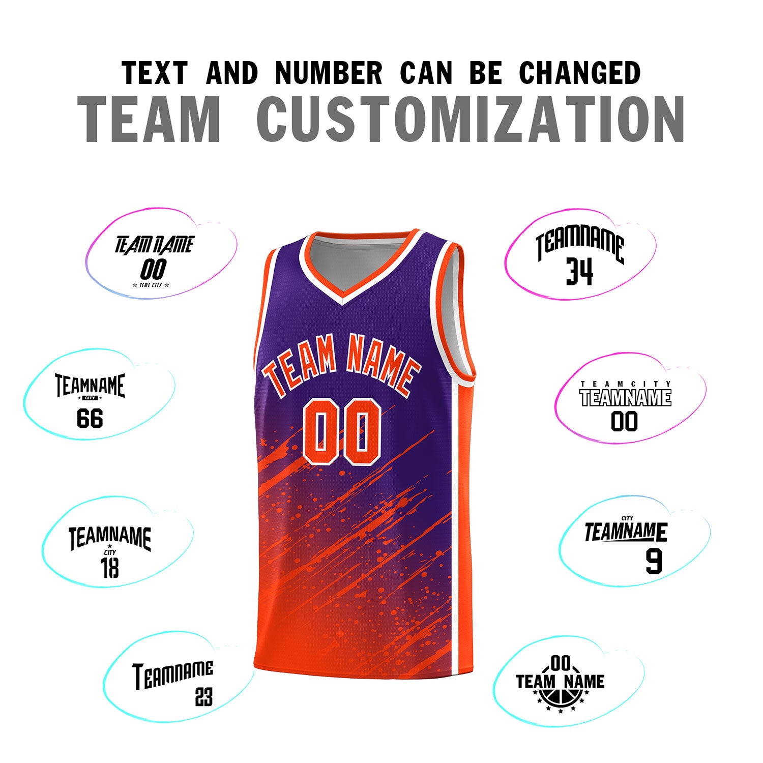 Custom Purple Basketball Kits With Orange Paint Graffiti