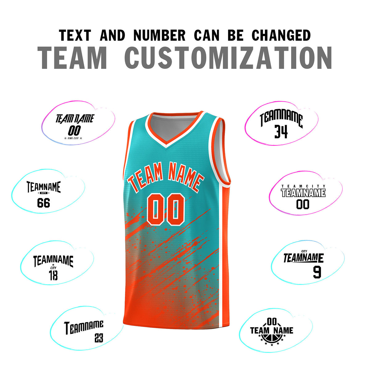 Custom Aqua Basketball Kits With Orange Paint Graffiti
