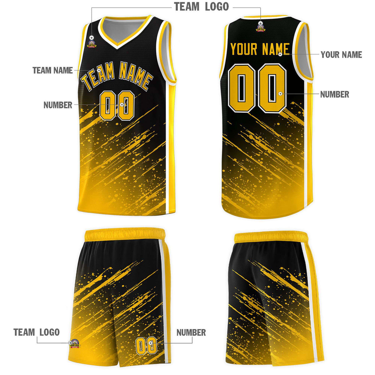 Custom Black Basketball Kits With Yellow Paint Graffiti