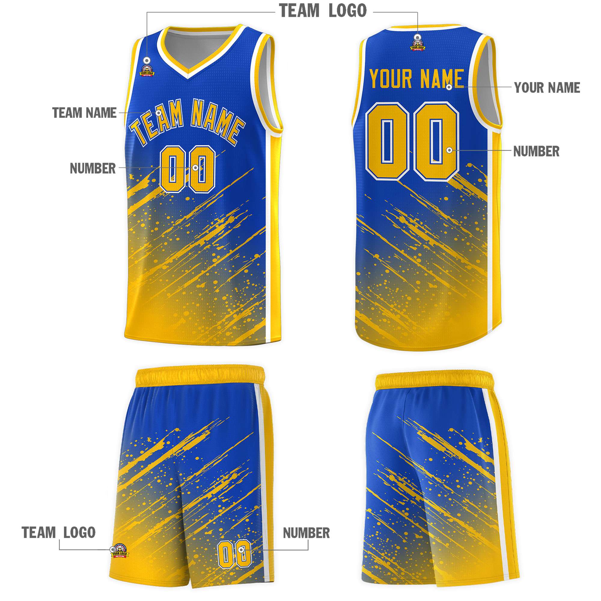 Custom Royal Basketball Kits With Yellow Paint Graffiti