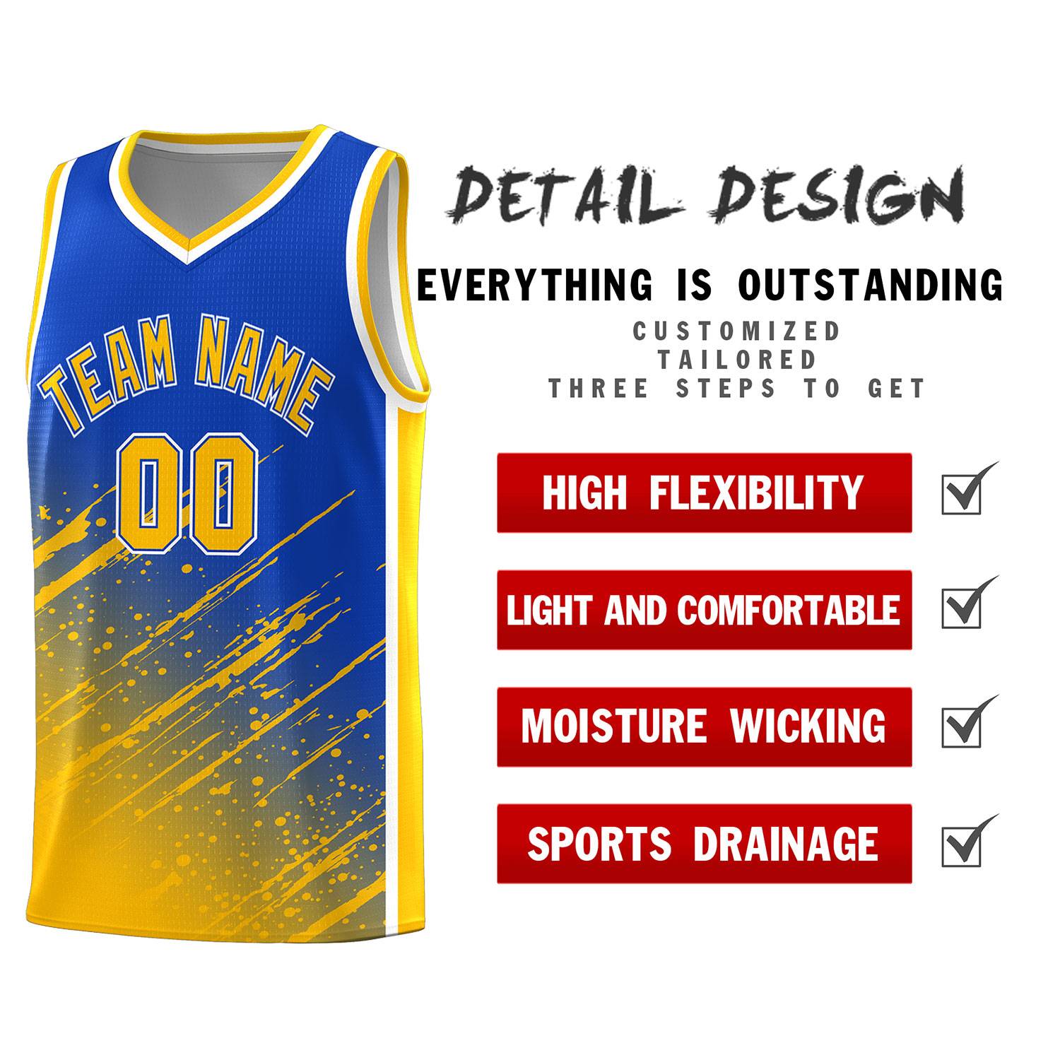 Custom Royal Basketball Kits With Yellow Paint Graffiti