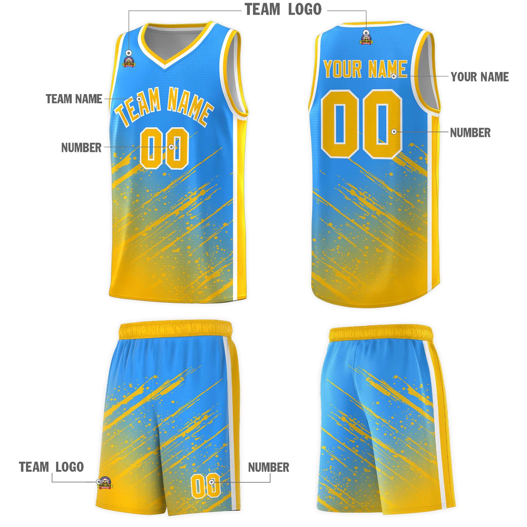 Custom Powder Blue Basketball Kits With Yellow Paint Graffiti