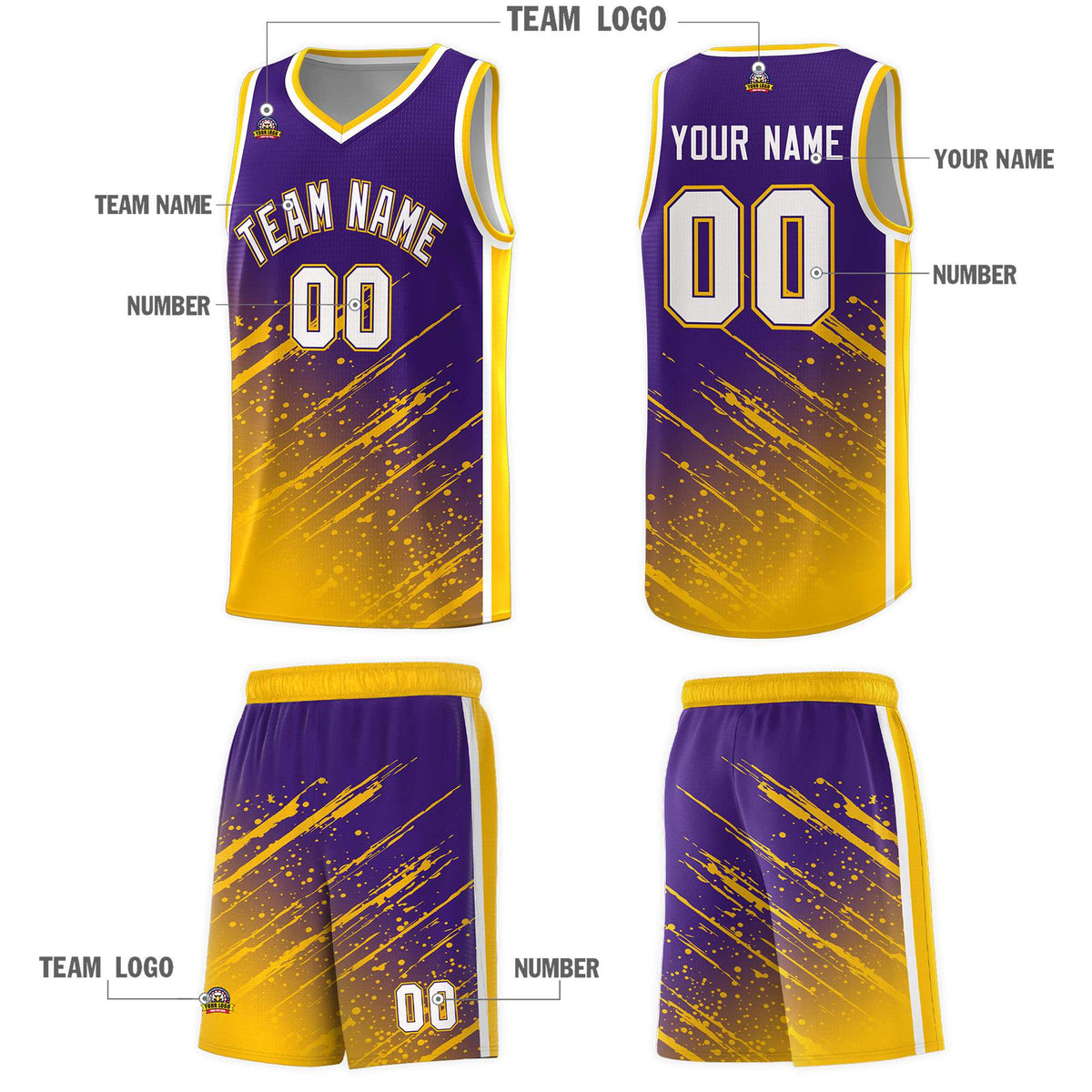 Custom Purple Basketball Kits With Yellow Paint Graffiti