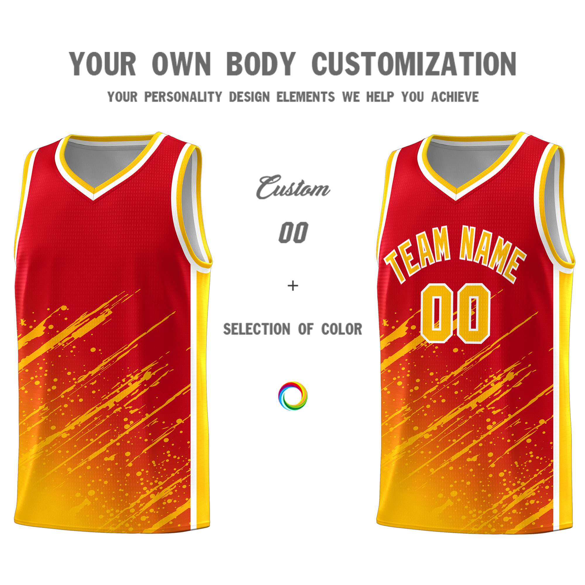 Custom Red Basketball Kits With Yellow Paint Graffiti