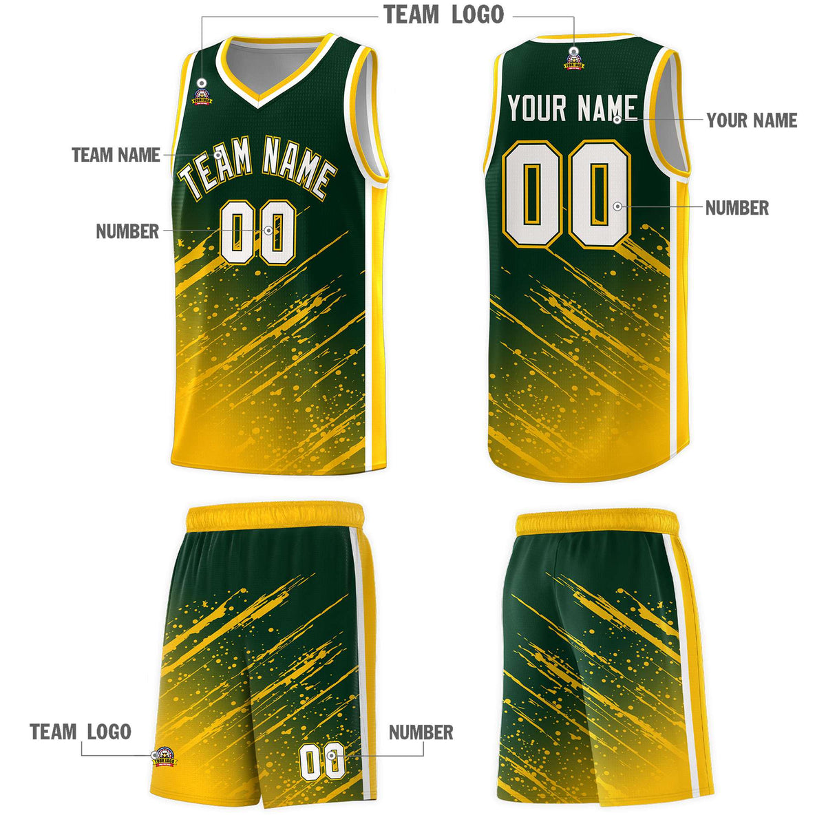 Custom Green Basketball Kits With Yellow Paint Graffiti