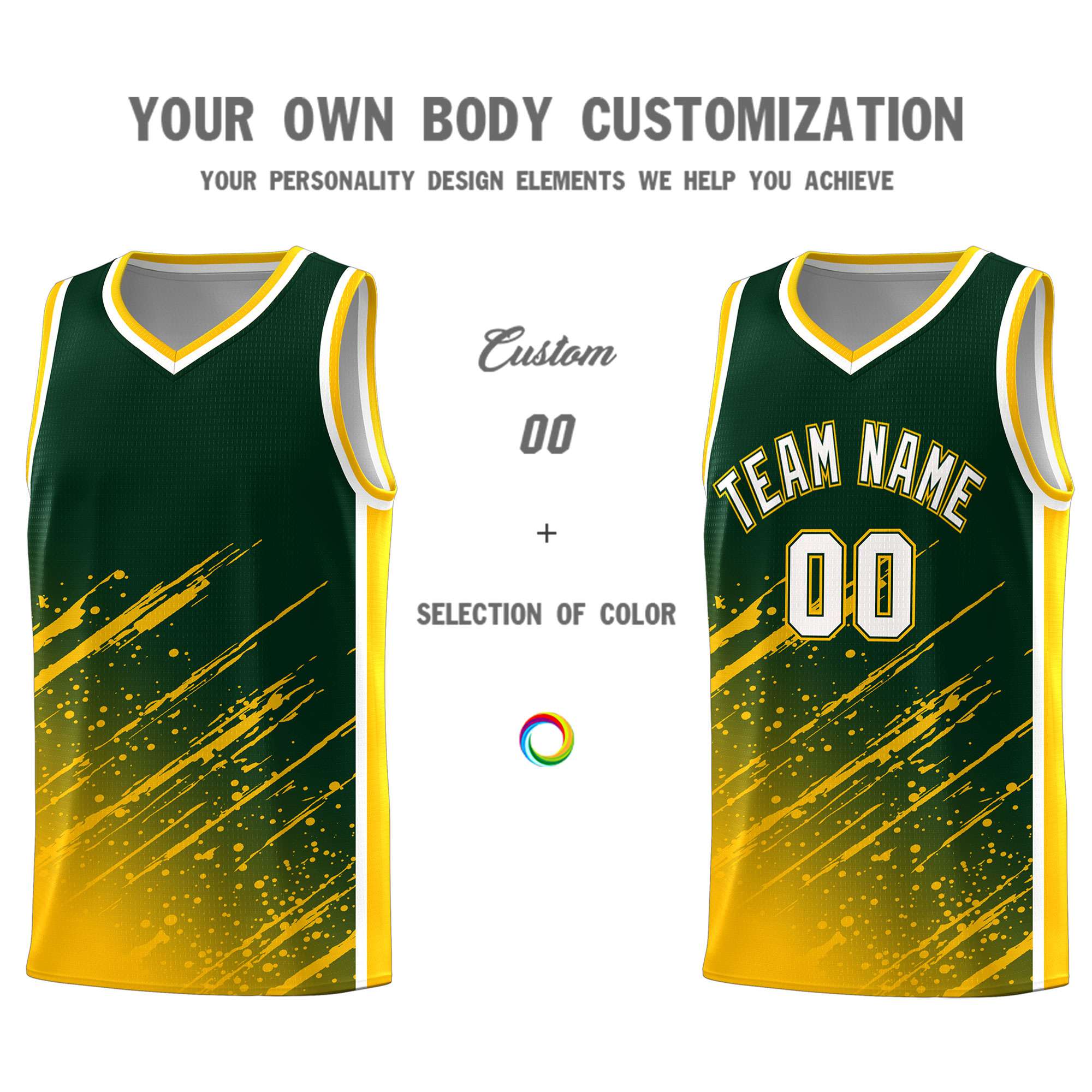 Custom Green Basketball Kits With Yellow Paint Graffiti
