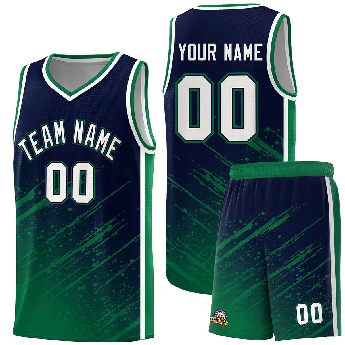 Custom Navy Basketball Kits With Kelly Green Paint Graffiti