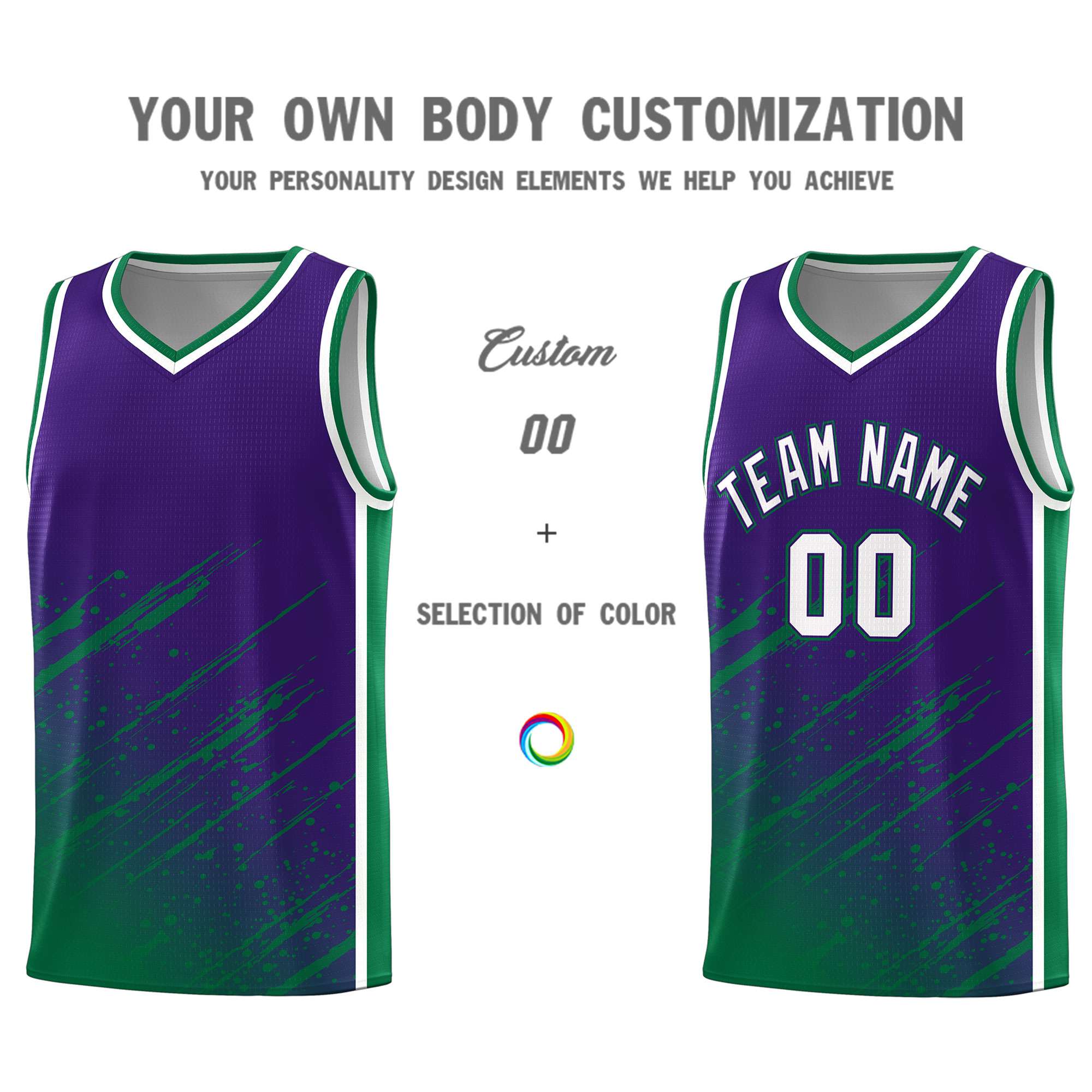Custom Purple Basketball Kits With Kelly Green Paint Graffiti