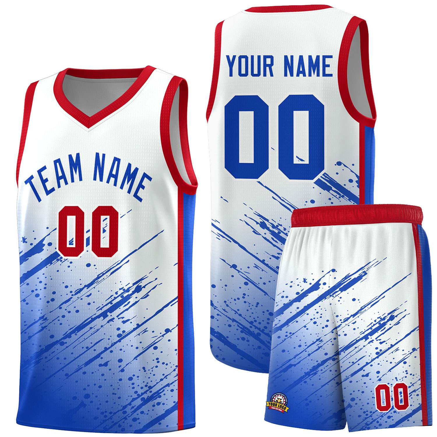 Custom White Basketball Kits With Royal Paint Graffiti