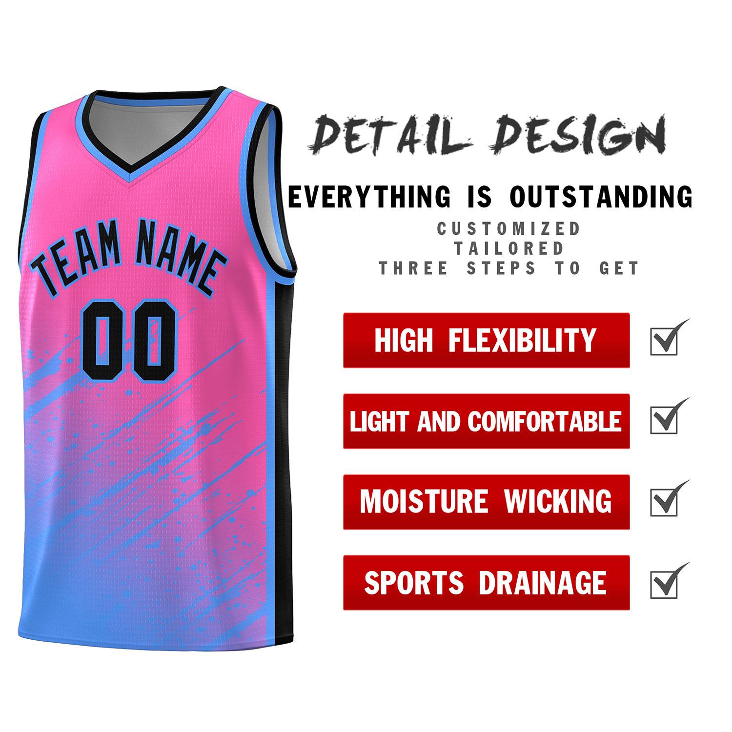 Custom Pink Basketball Kits With Powder Blue Paint Graffiti