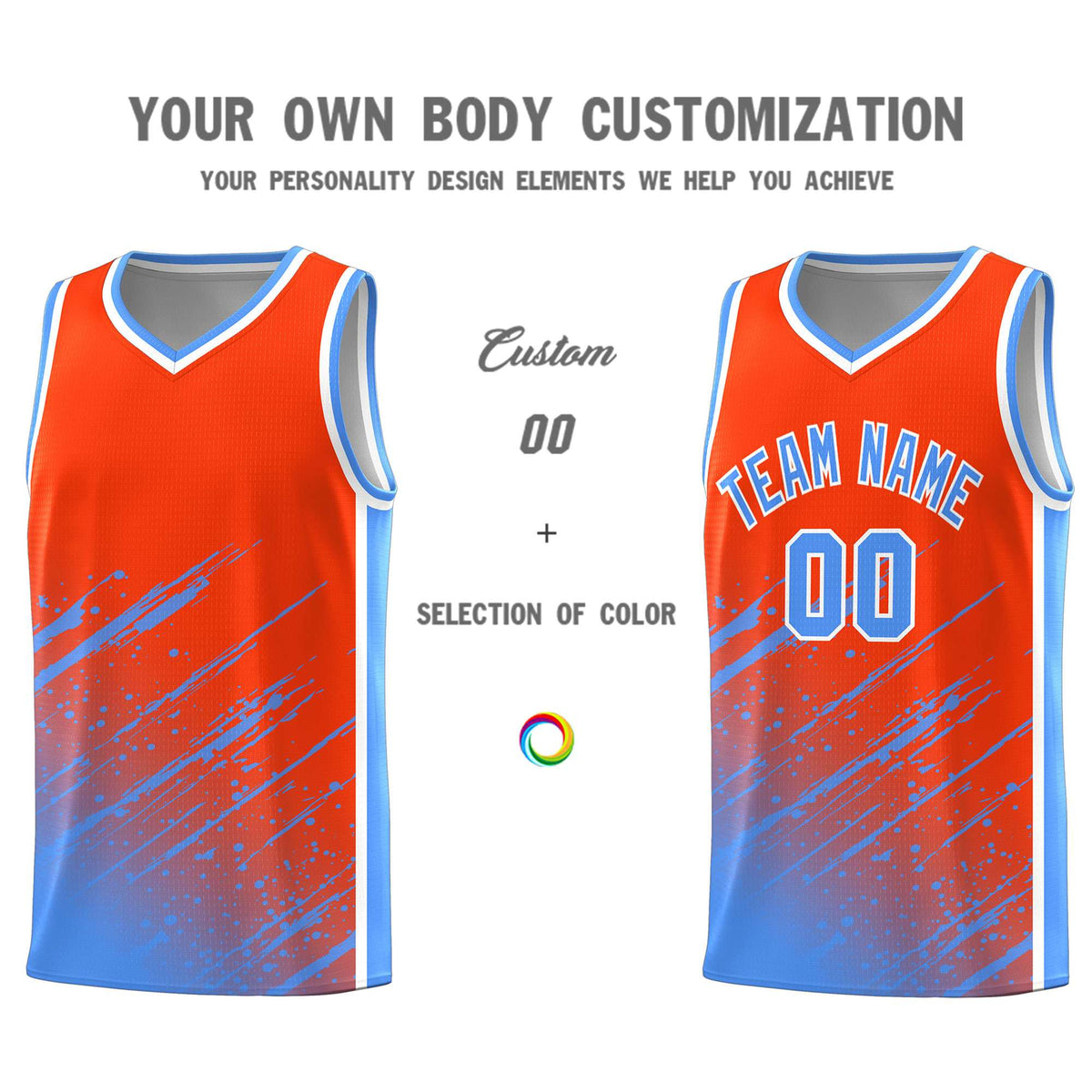Custom Orange Basketball Kits With Powder Blue Paint Graffiti