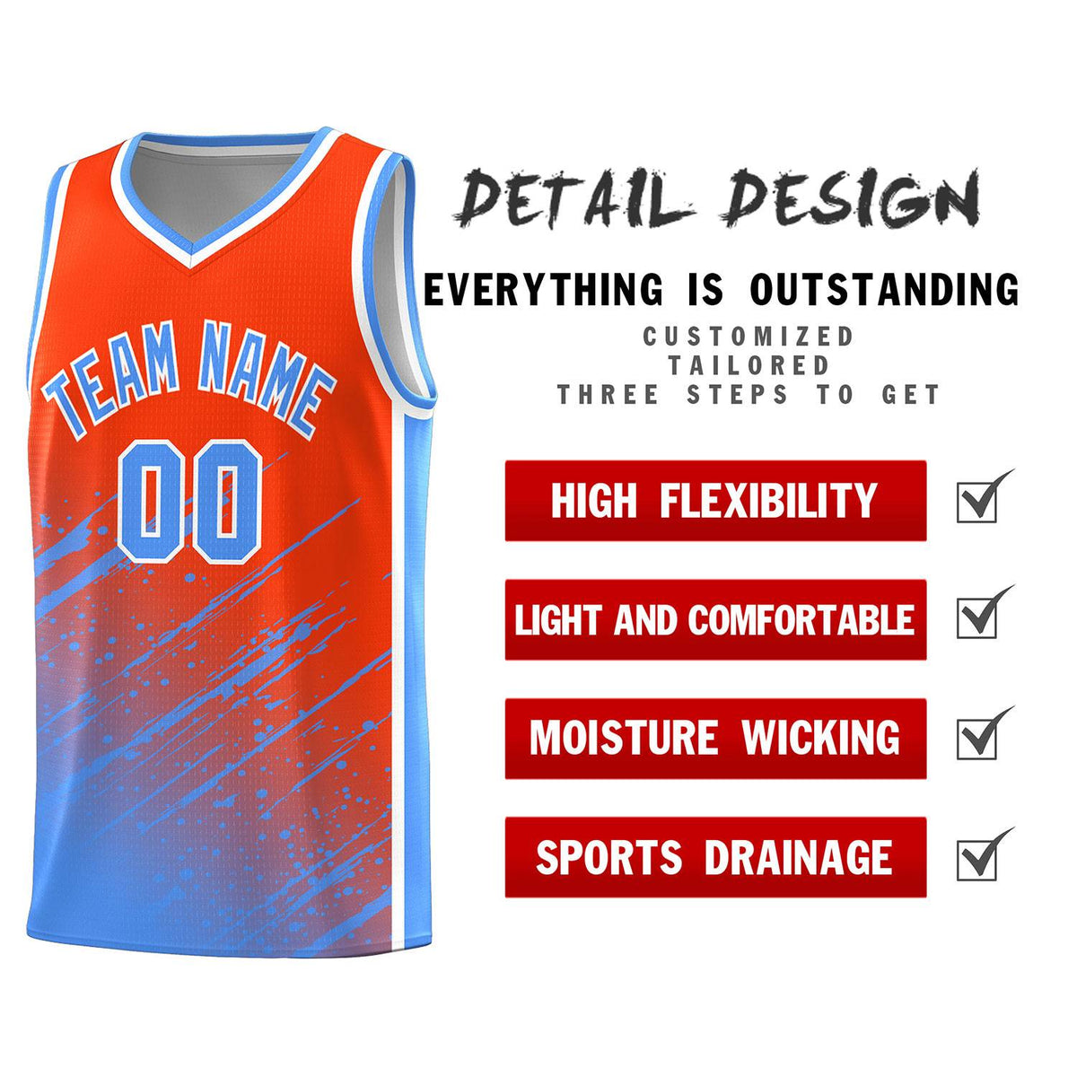 Custom Orange Basketball Kits With Powder Blue Paint Graffiti