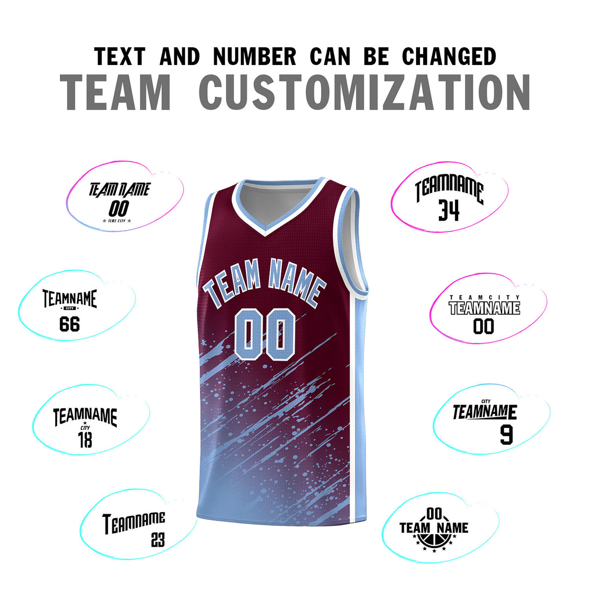 Custom Crimson Basketball Kits With Light Blue Paint Graffiti