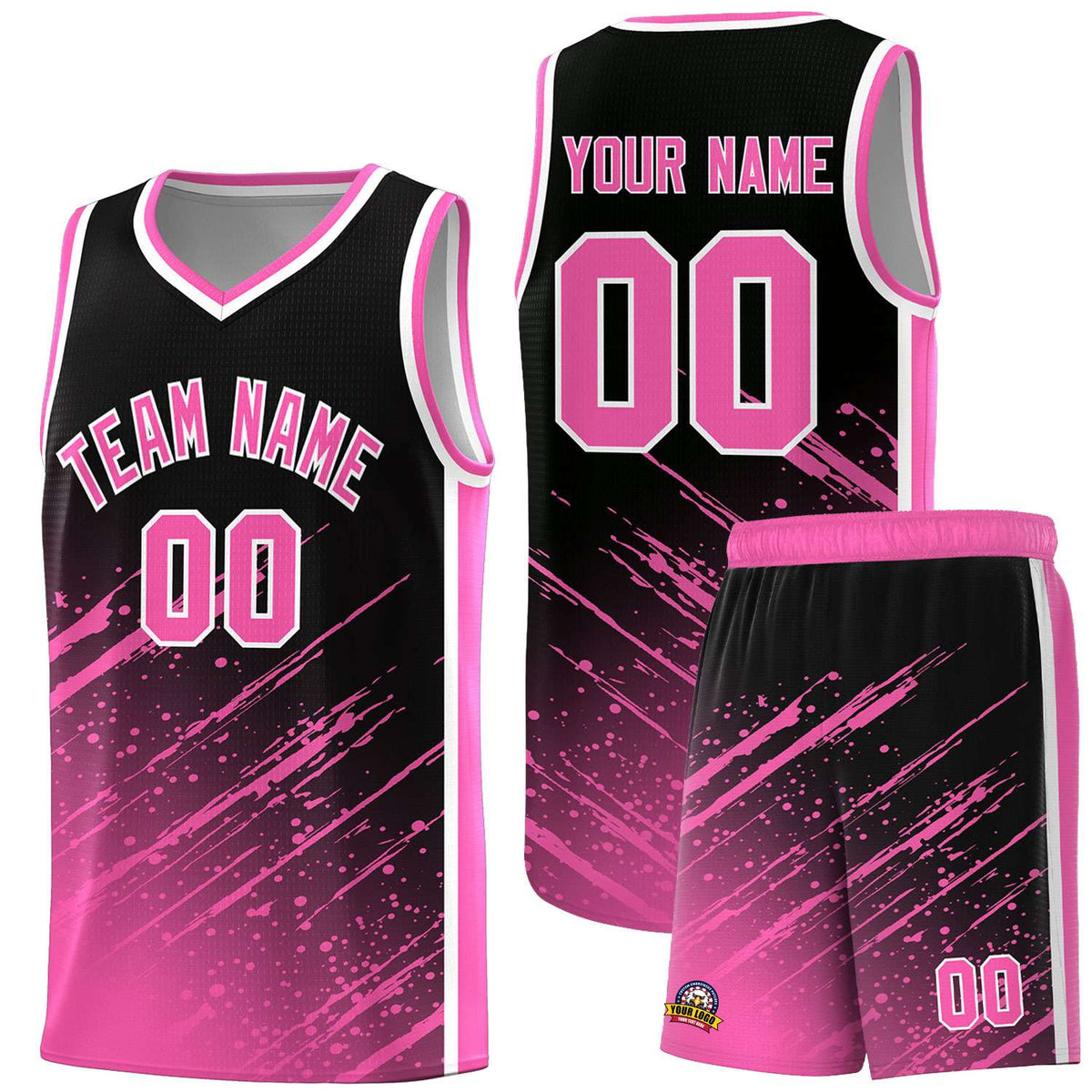Custom Black Basketball Kits With Pink Paint Graffiti